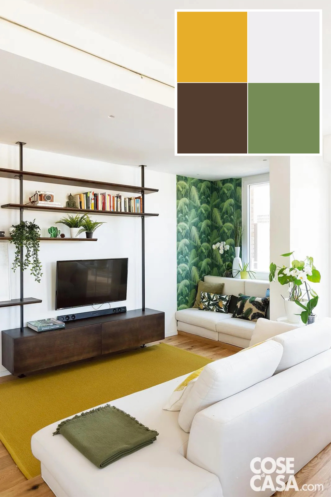 Nella zona conversazione il divano di fronte alla tv e quello in nicchia, entrambi rivestiti in tessuto bianco, sono il modello Free di Samoa con cuscini di Élitis. La libreria in ferro e rovere tinto moro è su disegno dei progettisti. Il tappeto giallo senape è di Kasthall. Foto: Cristina Galliena Bohman – Styling: Laura Mauceri. Progetto: atelierXS martina gualdi laura provasi architetti, Carpi (Mo), Tel. 059/650031 – http://www.atelierxs.com. Nella zona conversazione il divano di fronte alla tv e quello in nicchia, entrambi rivestiti in tessuto bianco, sono il modello Free di Samoa con cuscini di Élitis. La libreria in ferro e rovere tinto moro è su disegno dei progettisti. Il tappeto giallo senape è di Kasthall. Foto: Cristina Galliena Bohman – Styling: Laura Mauceri. Progetto: atelierXS martina gualdi laura provasi architetti, Carpi (Mo), Tel. 059/650031 – http://www.atelierxs.com.