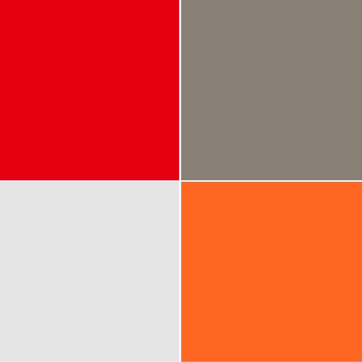 Abbinamento rosso con grigio, bianco grigiastro e arancione