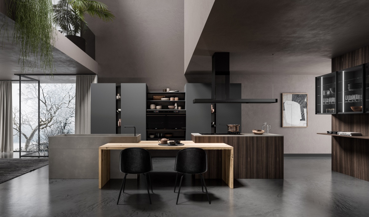 Lab13 di Aran Cucine accoglie gli ospiti con un'isola centrale composta da due blocchi: uno squadrato dedicato all’area lavaggio con un lavello a vasca integrato al top in Gres Barro Satin, e l’altro - delle stesse dimensioni - predisposto come zona cottura con piano a induzione. La linearità dei due monoblocchi si interrompe nell’incontro con lo snack in legno, posizionato al centro ma leggermente più in basso. Questo elemento accentua l’aspetto industriale della cucina, che viene bilanciato da una finitura in grado di renderlo liscio al tatto e facile da pulire. Il prezzo parte da 605 euro Iva esclusa per un modulo base da 60 cm. Lab13 di Aran Cucine accoglie gli ospiti con un'isola centrale composta da due blocchi: uno squadrato dedicato all’area lavaggio con un lavello a vasca integrato al top in Gres Barro Satin, e l’altro - delle stesse dimensioni - predisposto come zona cottura con piano a induzione. La linearità dei due monoblocchi si interrompe nell’incontro con lo snack in legno, posizionato al centro ma leggermente più in basso. Questo elemento accentua l’aspetto industriale della cucina, che viene bilanciato da una finitura in grado di renderlo liscio al tatto e facile da pulire. Il prezzo parte da 605 euro Iva esclusa per un modulo base da 60 cm.