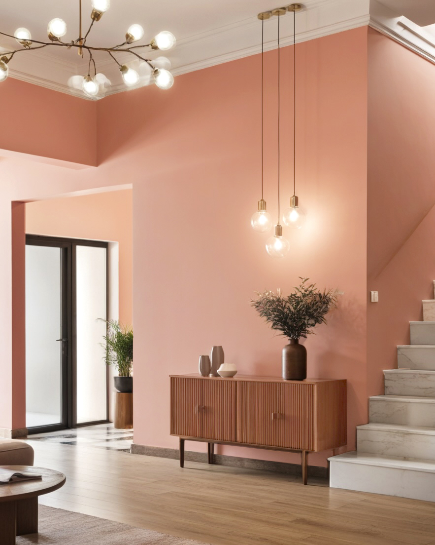 In questa soluzione, per la zona giorno è stata scelta una idropittura lavabile: si tratta del prodotto Laguna 3.0 di San Marco, che presenta una buona copertura e una finitura luminosa pur conservando un effetto opaco. La scelta qui è di utilizzarla per tutte le pareti, tranne il soffitto, in abbinamento al bianco del soffitto stesso e delle scale e al legno del mobiletto e del pavimento in parquet chiaro. In questa soluzione, per la zona giorno è stata scelta una idropittura lavabile: si tratta del prodotto Laguna 3.0 di San Marco, che presenta una buona copertura e una finitura luminosa pur conservando un effetto opaco. La scelta qui è di utilizzarla per tutte le pareti, tranne il soffitto, in abbinamento al bianco del soffitto stesso e delle scale e al legno del mobiletto e del pavimento in parquet chiaro.