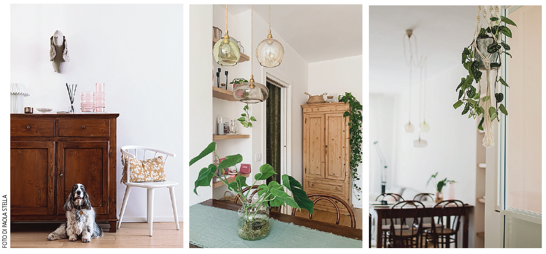 LIBRERIA home made, realizzata con cremagliere in metallo di Leroy Merlin e ripiani in legno. www.leroymerlin.it l POLTRONA VERDE di Ikea. www.ikea.com l TAVOLINO ROSA di Muuto. www.muuto.com l TAPPETO di La Redoute. www.laredoute.it l CREDENZA di recupero l ARMADIO di recupero l TAVOLO realizzato
dal falegname con legno di recupero l SOSPENSIONI IN VETRO COLORATO Ebb&Flow. ebbandflow.com l SEDIE IN PAGLIA DI VIENNA vintage