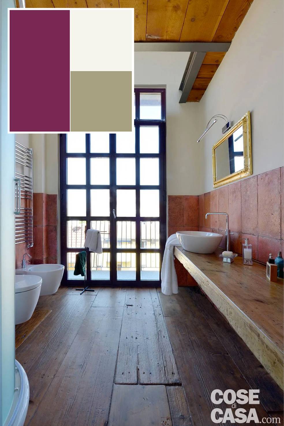 Anche il bagno, come gli altri ambienti della casa, affaccia sulla balconata. Gli infissi in alluminio – suddivisi in riquadri – sono tutti uguali e sono stati realizzati imitando i serramenti originari dello stabilimento: una verniciatura color prugna li ha resi più attuali e adatti al nuovo contesto. Foto: Pier Maulini. Progetto: arch. Alberto Clementi Via Monte Rosa 2 Abbiategrasso (Mi), Tel. 347 5507543. Anche il bagno, come gli altri ambienti della casa, affaccia sulla balconata. Gli infissi in alluminio – suddivisi in riquadri – sono tutti uguali e sono stati realizzati imitando i serramenti originari dello stabilimento: una verniciatura color prugna li ha resi più attuali e adatti al nuovo contesto. Foto: Pier Maulini. Progetto: arch. Alberto Clementi Via Monte Rosa 2 Abbiategrasso (Mi), Tel. 347 5507543.