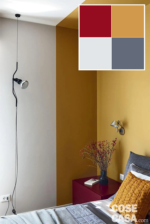 La camera matrimoniale vede l'accostamento di diversi colori, ma con un effetto soft. Infatti convivono senza contrasti eccessivi il color bordeaux dei comodini, il grigio del tessile e il color senape della parete dietro il letto, della porzione di soffitto e dei cuscini: in questo modo l'insieme dei colori neutri crea un'atmosfera rilassante e accogliente. Foto: Claudio Tajoli, styling Rosaria Galli. Progetto d’interior decoration: arch. Lucia Cazzaniga, Details Studio, Monza (MB), Tel. 039/2916128 – http://www.detailstudio.it. Progetto architettonico: ing. Mattia Caprotti, Brugherio (MB), Tel. 039/870045.
