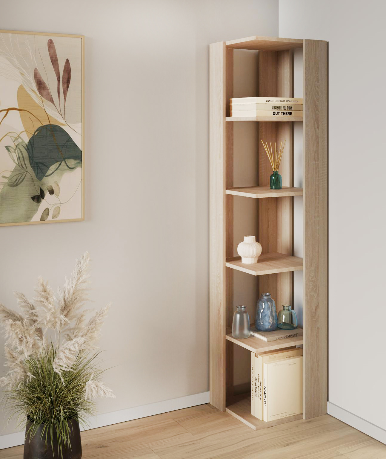 Uno stile moderno per la libreria ad angolo Kantiko di Deghi che trova posto anche in un corridoio stretto. La struttura squadrata nella finitura rovere si articola in cinque ripiani su cui possono essere appoggiate chiavi, carte e oggetti. Misura L 34 x P 34 x H 161 cm. Prezzo 98 euro. https://www.deghi.it