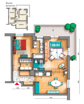 1 Ingresso 2 Cucina 3 Zona pranzo 4 Soggiorno 5 Postazione
studio 6 Terrazzo 7 Bagno
8 Lavanderia 9 Camera matrimoniale 10 Cabina armadio 1 Ingresso 2 Cucina 3 Zona pranzo 4 Soggiorno 5 Postazione
studio 6 Terrazzo 7 Bagno
8 Lavanderia 9 Camera matrimoniale 10 Cabina armadio