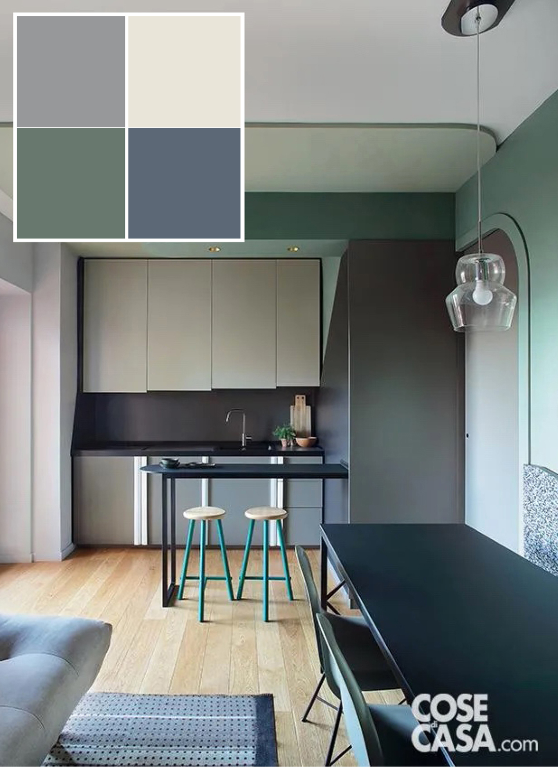 Questa cucina occupa una sola parete di 230 cm e si trova a vista nel living, tutto giocato su diverse sfumature di grigio, nero e tortora. Le basi sono in grigio antracite, con top e alzata in mdf nero e con una mini penisola sempre nera, che funge da banco per la colazione e anche da piano di lavoro, mentre i pensili sono in tonalità tortora: l'insieme risulta lineare, essenziale ed elegante.
Progetto Sceg Architetti, Corso Vinzaglio 12, Torino, Tel. 011/7641952, http://www.sceg.it info@sceg.it. Foto Barbara Corsico. Questa cucina occupa una sola parete di 230 cm e si trova a vista nel living, tutto giocato su diverse sfumature di grigio, nero e tortora. Le basi sono in grigio antracite, con top e alzata in mdf nero e con una mini penisola sempre nera, che funge da banco per la colazione e anche da piano di lavoro, mentre i pensili sono in tonalità tortora: l'insieme risulta lineare, essenziale ed elegante.
Progetto Sceg Architetti, Corso Vinzaglio 12, Torino, Tel. 011/7641952, http://www.sceg.it info@sceg.it. Foto Barbara Corsico.