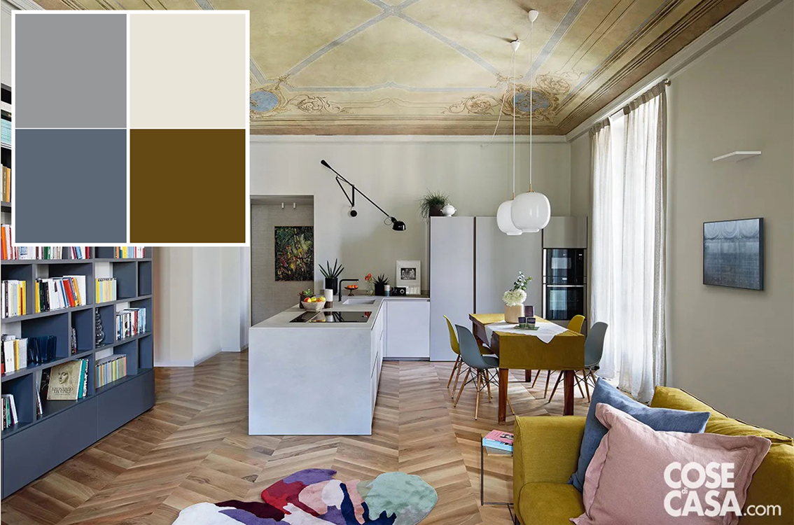 In questa soluzione la cucina è a vista, integrata nel living e posta accanto alla zona pranzo, e per questo motivo è stata scelta una composizione a penisola senza pensili, che rende la cucina più simile a un mobile giorno. La cucina è in laccato grigio chiaro, uguale anche per il top, ed è distribuita con una forma a L che comprende le basi e le colonne. Tutto intorno l'ambiente è completato da un elegante parquet e da arredi con prevalenza dei toni del blu e del giallo, in cui le strutture operative e gli elettrodomestici sono perfettamente mimetizzati.
Progetto Studio Hom Architetti, architetti Stefania De Paola, Roberta Massetti, Sabrina Saldo con Ottavia Giannone, Torino, Tel. 011/2871079 http://www.homarchitetti.com. Foto Barbara Corsico. In questa soluzione la cucina è a vista, integrata nel living e posta accanto alla zona pranzo, e per questo motivo è stata scelta una composizione a penisola senza pensili, che rende la cucina più simile a un mobile giorno. La cucina è in laccato grigio chiaro, uguale anche per il top, ed è distribuita con una forma a L che comprende le basi e le colonne. Tutto intorno l'ambiente è completato da un elegante parquet e da arredi con prevalenza dei toni del blu e del giallo, in cui le strutture operative e gli elettrodomestici sono perfettamente mimetizzati.
Progetto Studio Hom Architetti, architetti Stefania De Paola, Roberta Massetti, Sabrina Saldo con Ottavia Giannone, Torino, Tel. 011/2871079 http://www.homarchitetti.com. Foto Barbara Corsico.