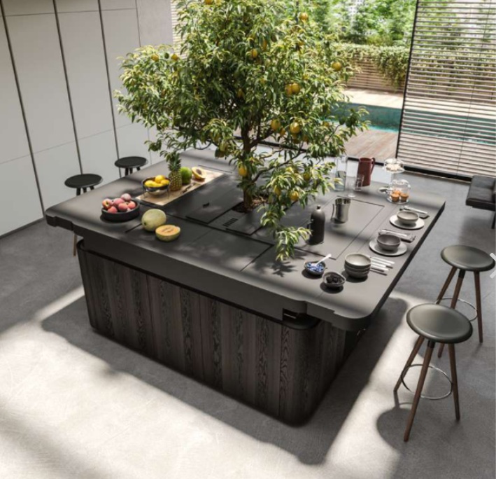 Il centro strutturale e simbolico della cucina Oasi di Aran Cucine è un albero da frutto. In questo modello, progettato dall'architetto Stefano Boeri, tutte le fasi di lavorazione del cibo -  conservazione, lavaggio, preparazione, cottura, servizio, consumo, riciclo – si svolgono intorno su un unico blocco multifunzione, che all'occorrenza diventa anche tavolo da pranzo grazie ad un meccanismo che  permette lo scorrimento di due “ali” sui due lati simmetrici del blocco cucina, che diventano così un comodo tavolo. www.arancucine.it