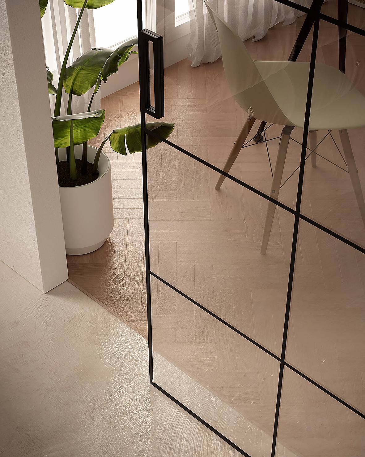 Porta U34 Industrial chic decor N in vetro trasparente extrachiaro con listelli inglesina decorativi; è predisposta per l'applicazione di un perimetro in alluminio di spessore 4+4 mm. Porta U34 Industrial chic decor N in vetro trasparente extrachiaro con listelli inglesina decorativi; è predisposta per l'applicazione di un perimetro in alluminio di spessore 4+4 mm.