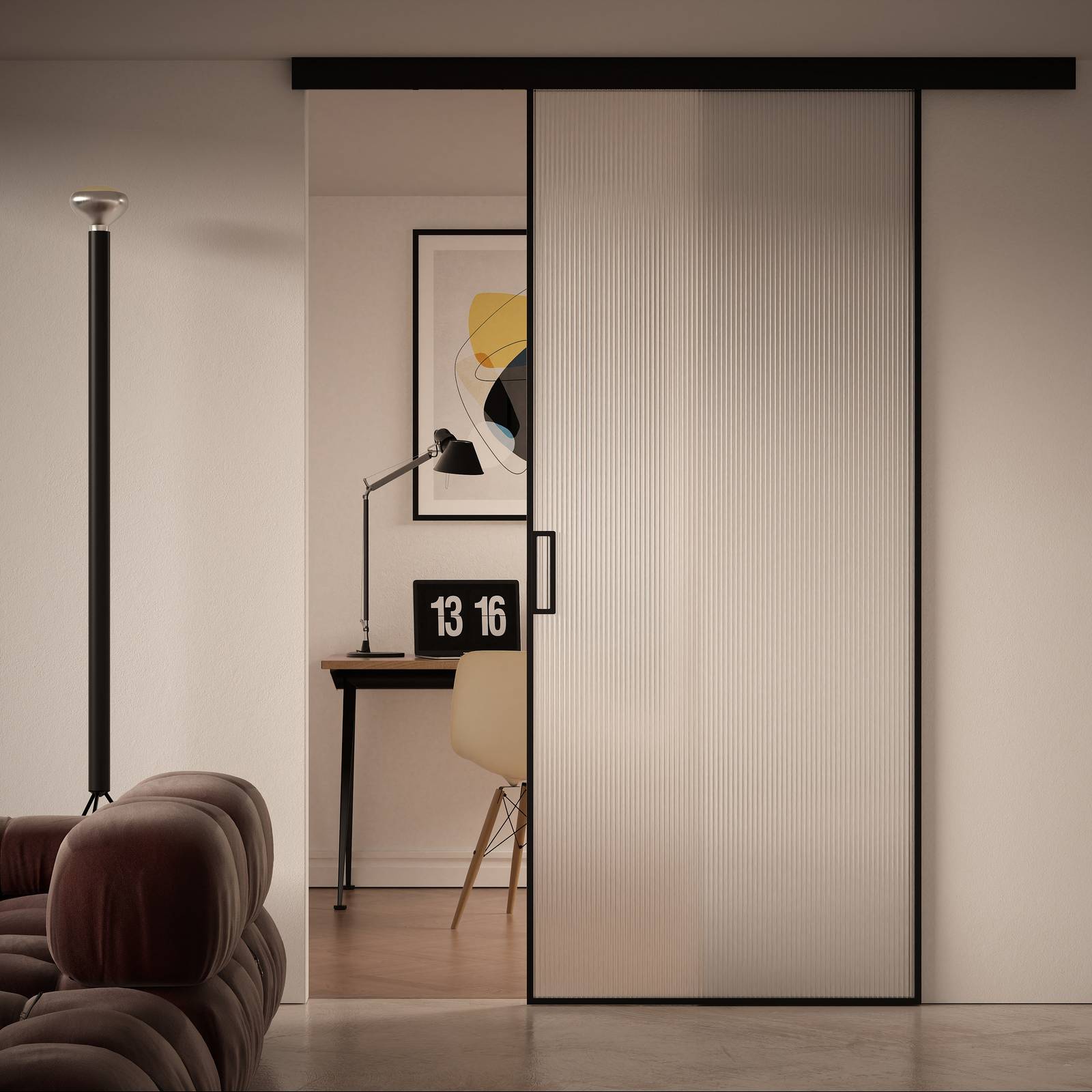 Porta U52 Stripes in vetro satinato extrachiaro che separa senza rinunciare alla luminosità. Nella nervatura verticale la luce si insinua, per diffondersi in un gioco di forme e volumi. Porta U52 Stripes in vetro satinato extrachiaro che separa senza rinunciare alla luminosità. Nella nervatura verticale la luce si insinua, per diffondersi in un gioco di forme e volumi.