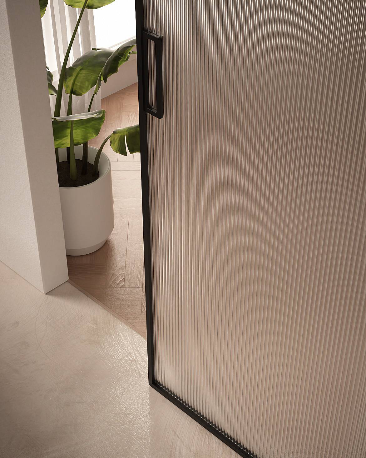 Porta U53 Stripes in vetro satinato extrachiaro; è predisposta per l'applicazione di un perimetro in alluminio di spessore 10 mm. Porta U53 Stripes in vetro satinato extrachiaro; è predisposta per l'applicazione di un perimetro in alluminio di spessore 10 mm.