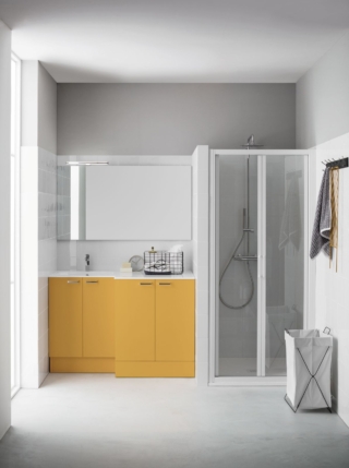 Dress Landry di Arblu si compone di base a terra per lavatrice e base portalavatoio, con due ante, in color senape opaco e con maniglie cromate. Prezzo, Iva esclusa e senza maniglie, rispettivamente 505 euro e 589 euro. Il top in Ocritech bianco lucido ha lavatoio integrato. Misura L 140 x P 64 cm e costa 835 euro. Prezzo della tavoletta lavatoio sempre in Ocritech 58 euro. Il box doccia Mercurio in nicchia ha due ante saloon con vetro trasparente in finitura bianco. Misura L 92,5 x H 195 cm. Prezzo, Iva esclusa, 472 euro. www.arblu.it Dress Landry di Arblu si compone di base a terra per lavatrice e base portalavatoio, con due ante, in color senape opaco e con maniglie cromate. Prezzo, Iva esclusa e senza maniglie, rispettivamente 505 euro e 589 euro. Il top in Ocritech bianco lucido ha lavatoio integrato. Misura L 140 x P 64 cm e costa 835 euro. Prezzo della tavoletta lavatoio sempre in Ocritech 58 euro. Il box doccia Mercurio in nicchia ha due ante saloon con vetro trasparente in finitura bianco. Misura L 92,5 x H 195 cm. Prezzo, Iva esclusa, 472 euro. www.arblu.it