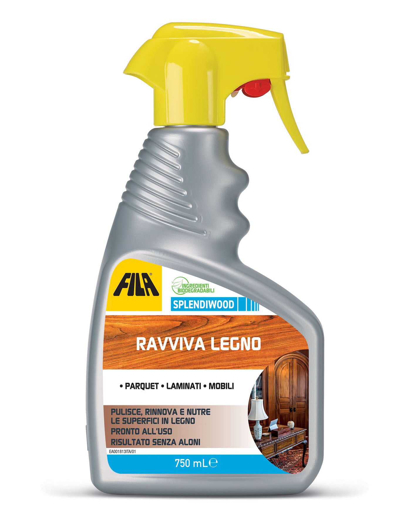 Contiene ingredienti biodegradabili• Asciuga in fretta: non serve risciacquare• Non aggredisce la finitura• Non lascia aloni• Praticissima confezione con impugnatura ergonomicae dosatore a spruzzoA cosa serve: pulisce a fondo i pavimenti in parquet verniciato,laminato e trattati ad olio o a cera• Pulisce tutte le superfici in legno della casa: tavoli,porte, mobiliCome si usa: No diluizione: pronto all’uso.Spruzzare SPLENDIWOOD su un panno pulito e umidoe passare sulla superficie da pulire. Il prodotto asciugain fretta. Non serve risciacquare. Contiene ingredienti biodegradabili• Asciuga in fretta: non serve risciacquare• Non aggredisce la finitura• Non lascia aloni• Praticissima confezione con impugnatura ergonomicae dosatore a spruzzoA cosa serve: pulisce a fondo i pavimenti in parquet verniciato,laminato e trattati ad olio o a cera• Pulisce tutte le superfici in legno della casa: tavoli,porte, mobiliCome si usa: No diluizione: pronto all’uso.Spruzzare SPLENDIWOOD su un panno pulito e umidoe passare sulla superficie da pulire. Il prodotto asciugain fretta. Non serve risciacquare.