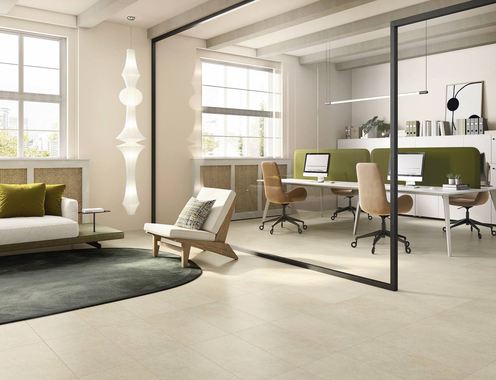 Effetto pietra calcarea
per il pavimento SPC Concreta Beige di Iperceramica dal colore beige con sfumature nuvolate. È disponibile nel formato piastrella che misura 30,5 x 61 cm, con spessore 5,5 mm,
completo di materassino isolante. Costa 32,99 euro/mq. www.iperceramica.it