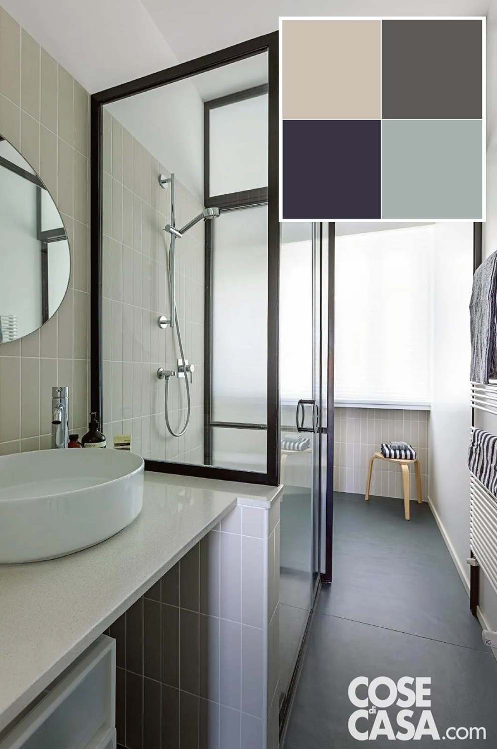 In questo bagno molto luminoso, il beige è stato scelto per il rivestimento a parete, con piastrelle in gres piccole e di forma rettangolare lunga e stretta, dall'aspetto vintage, posate in verticale per dare uno slancio in altezza all'ambiente. In abbinamento vi è un pavimento con grandi lastre di gres in grigio scuro effetto cemento, oltre al dettaglio della bordura in ferro nero del box doccia e della parete divisoria interna: l'effetto d'insieme è di semplicità ma anche ricercatezza per l'attenzione ai dettagli.
Progetto Flatwig Studio, Erica Agogliati e Francesca Avian, Milano http://www.flatwig.com - Foto Cristina Galliena Bohman - Styling: Francesca Martinez In questo bagno molto luminoso, il beige è stato scelto per il rivestimento a parete, con piastrelle in gres piccole e di forma rettangolare lunga e stretta, dall'aspetto vintage, posate in verticale per dare uno slancio in altezza all'ambiente. In abbinamento vi è un pavimento con grandi lastre di gres in grigio scuro effetto cemento, oltre al dettaglio della bordura in ferro nero del box doccia e della parete divisoria interna: l'effetto d'insieme è di semplicità ma anche ricercatezza per l'attenzione ai dettagli.
Progetto Flatwig Studio, Erica Agogliati e Francesca Avian, Milano http://www.flatwig.com - Foto Cristina Galliena Bohman - Styling: Francesca Martinez