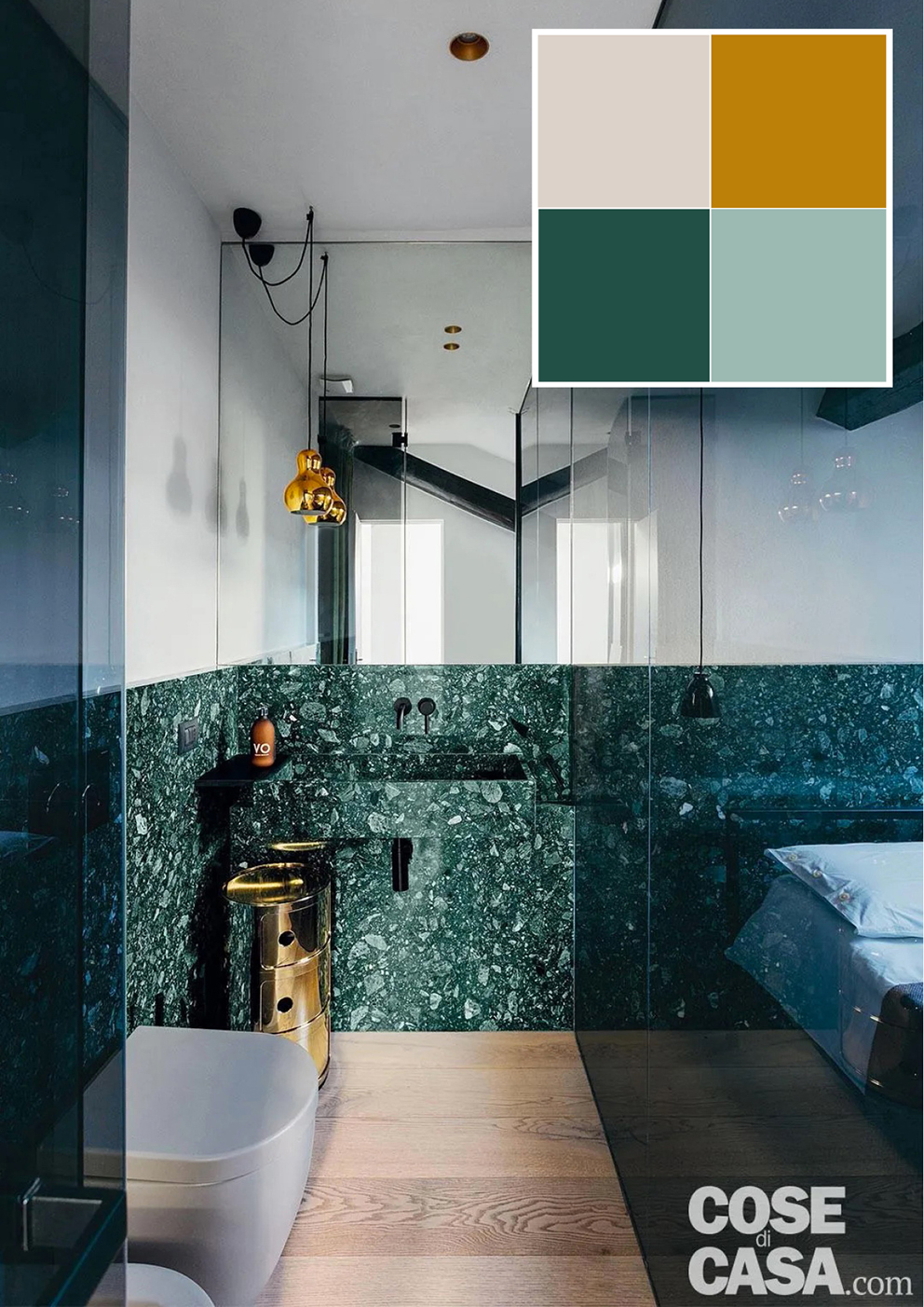 In questo bagno a uso della camera matrimoniale, stretto e lungo, delimitato da una vetrata fumé, spiccano gli abbinamenti audaci dei colori: i sanitari di colore beige sono accostati al verde intenso del rivestimento delle pareti e del lavabo con rubinetteria nera e al color oro del contenitore cilindrico, per un ambiente di grande personalità.
Progetto arch. Fabio Azzolina in collaborazione con arch. Caterina Mancuso, Studio Azzolina, Milano Tel. 02/20240610 info@fabioazzolina.it - Foto Studio Roy - Styling Carolina Reggi In questo bagno a uso della camera matrimoniale, stretto e lungo, delimitato da una vetrata fumé, spiccano gli abbinamenti audaci dei colori: i sanitari di colore beige sono accostati al verde intenso del rivestimento delle pareti e del lavabo con rubinetteria nera e al color oro del contenitore cilindrico, per un ambiente di grande personalità.
Progetto arch. Fabio Azzolina in collaborazione con arch. Caterina Mancuso, Studio Azzolina, Milano Tel. 02/20240610 info@fabioazzolina.it - Foto Studio Roy - Styling Carolina Reggi