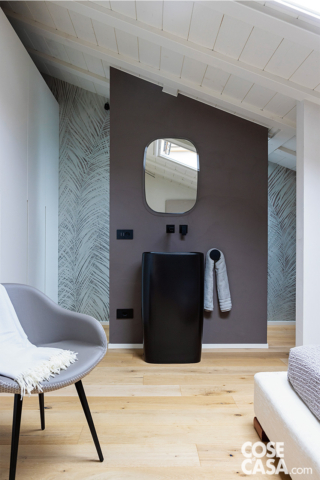 bagno nel sottotetto con carta da parati