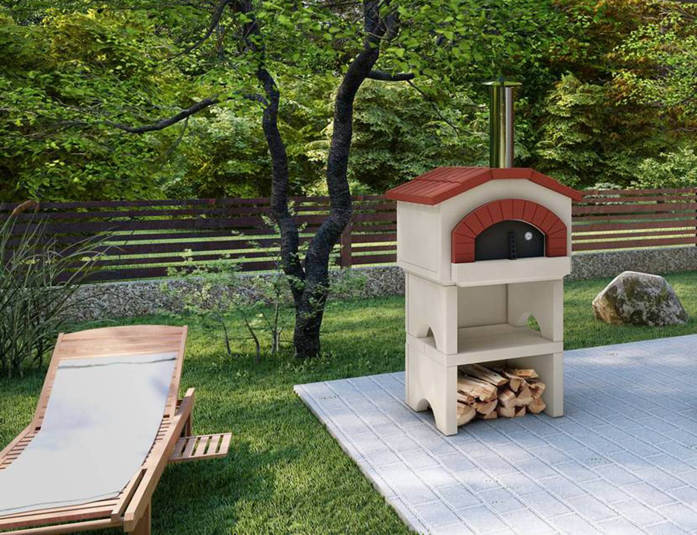Il forno prefabbricato da giardino per pane e pizza, FORNO 3000 di Linea VZ è realizzato con rivestimento in speciale conglomerato refrattario di cemento, argilla e marmorino ad altissima resistenza termica e meccanica, totalmente colorato nell’impasto. Utilizzabile a legna, è dotato di porta in acciaio con termometro. Ha capacità di cottura fino a due pizze. Misura L 95 x P 103 x H 207. Prezzo 529 euro. Venduto da www.obi-italia.it