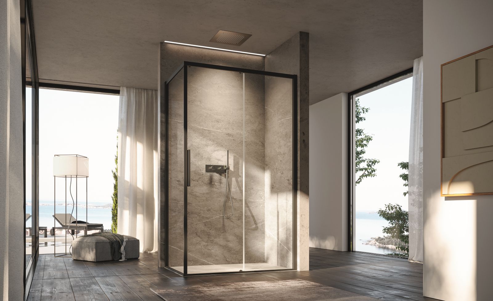 Ha porte scorrevoli il box doccia con due lati della collezione Evo di Disenia. In foto con vetro trasparente da 6 mm e telaio nero opaco. È dotato di meccanismo di sgancio della porta per facilitare le operazioni di pulizia quotidiana. Misura L 140 x P 90 x H 197,5 cm. Prezzo su richiesta. www.disenia.it Ha porte scorrevoli il box doccia con due lati della collezione Evo di Disenia. In foto con vetro trasparente da 6 mm e telaio nero opaco. È dotato di meccanismo di sgancio della porta per facilitare le operazioni di pulizia quotidiana. Misura L 140 x P 90 x H 197,5 cm. Prezzo su richiesta. www.disenia.it