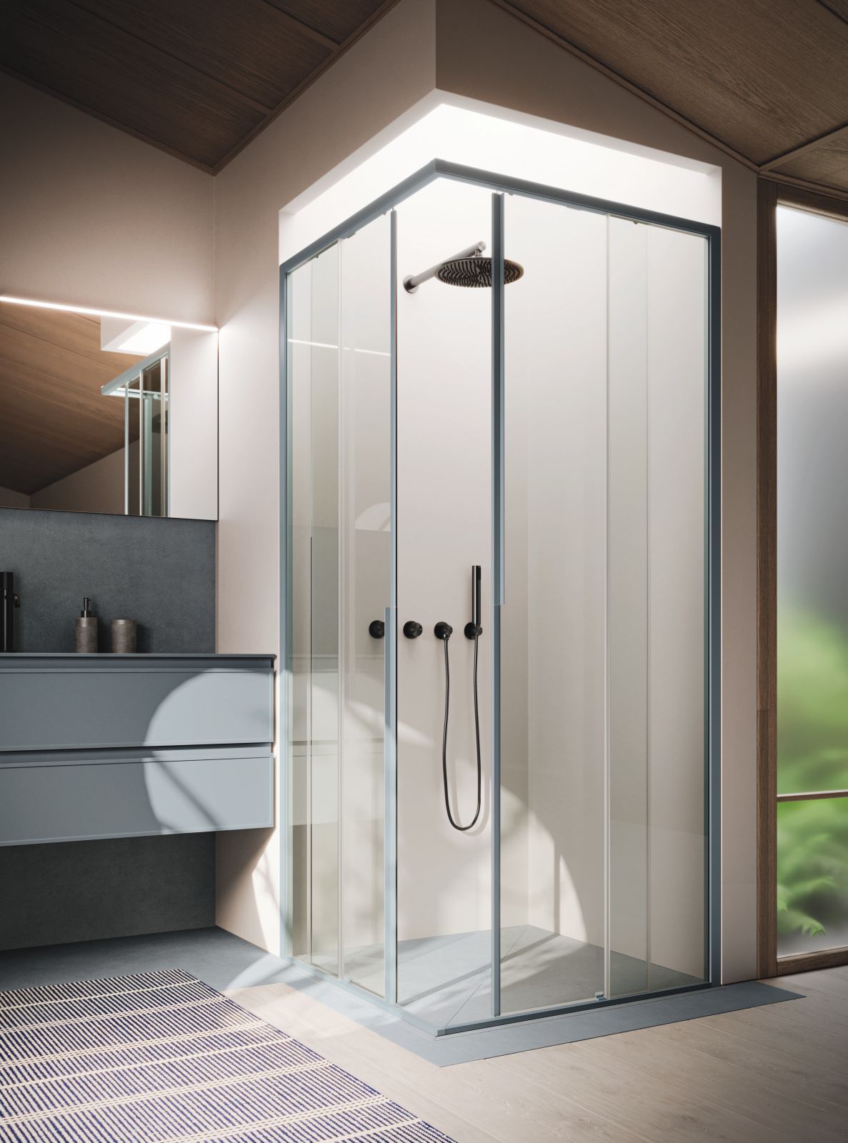 È ad angolo con due porte scorrevoli affiancate a vetro fisso in linea la cabina doccia Levante della linea Ibra Showers di Arbi Arredobagno. La maniglia integrata nel profilo in tonalità Zucchero e vetro in finitura trasparente. In abbinamento ha piatto doccia Pegaso in Gres Iris Azure, da 90 cm. Misura L 90 x P 90 x H 200 cm. Prezzo su richiesta. www.arbiarredobagno.it È ad angolo con due porte scorrevoli affiancate a vetro fisso in linea la cabina doccia Levante della linea Ibra Showers di Arbi Arredobagno. La maniglia integrata nel profilo in tonalità Zucchero e vetro in finitura trasparente. In abbinamento ha piatto doccia Pegaso in Gres Iris Azure, da 90 cm. Misura L 90 x P 90 x H 200 cm. Prezzo su richiesta. www.arbiarredobagno.it