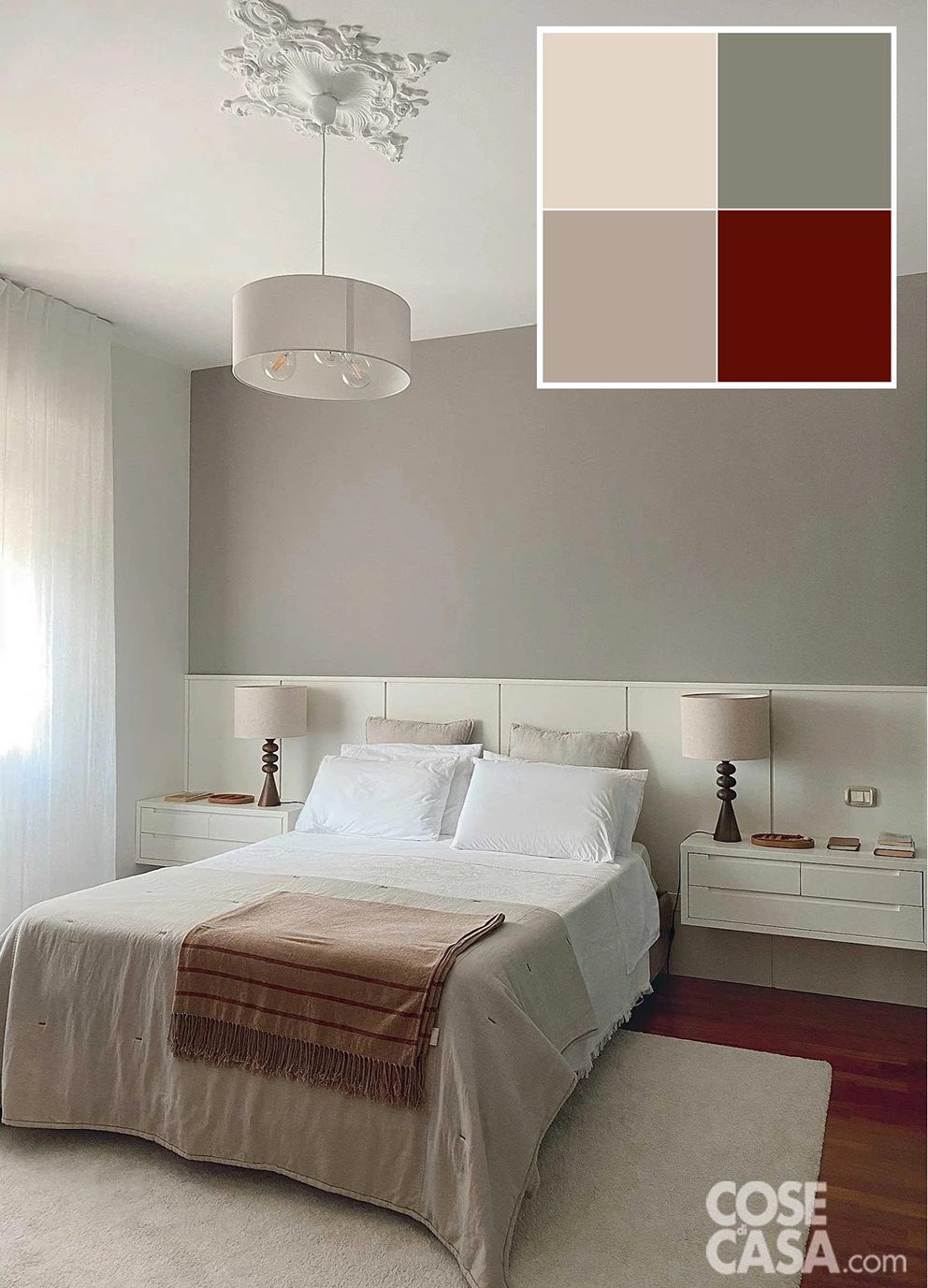 Questa ampia e luminosa camera da letto matrimoniale, a parte il parquet che costituisce l'unica nota scura, prevede una scelta cromatica d'insieme molto morbida.
Accanto a una parete di fondo tinteggiata in grigio nella parte alta e con una boiserie con comodini in legno laccato bianco nella parte bassa, sono bianchi anche soffitto, tenda, lampadario e lampade: a questi toni così tenui e rilassanti si accosta molto bene il beige del tappeto, che contribuisce a rendere l'atmosfera morbida e accogliente.
Foto e progetto architetto Vera Franco, Via Ferrè 12, Crema, Tel. 331/679 8581 vera.franco@verafranco.com http://www.verafranco.com Questa ampia e luminosa camera da letto matrimoniale, a parte il parquet che costituisce l'unica nota scura, prevede una scelta cromatica d'insieme molto morbida.
Accanto a una parete di fondo tinteggiata in grigio nella parte alta e con una boiserie con comodini in legno laccato bianco nella parte bassa, sono bianchi anche soffitto, tenda, lampadario e lampade: a questi toni così tenui e rilassanti si accosta molto bene il beige del tappeto, che contribuisce a rendere l'atmosfera morbida e accogliente.
Foto e progetto architetto Vera Franco, Via Ferrè 12, Crema, Tel. 331/679 8581 vera.franco@verafranco.com http://www.verafranco.com