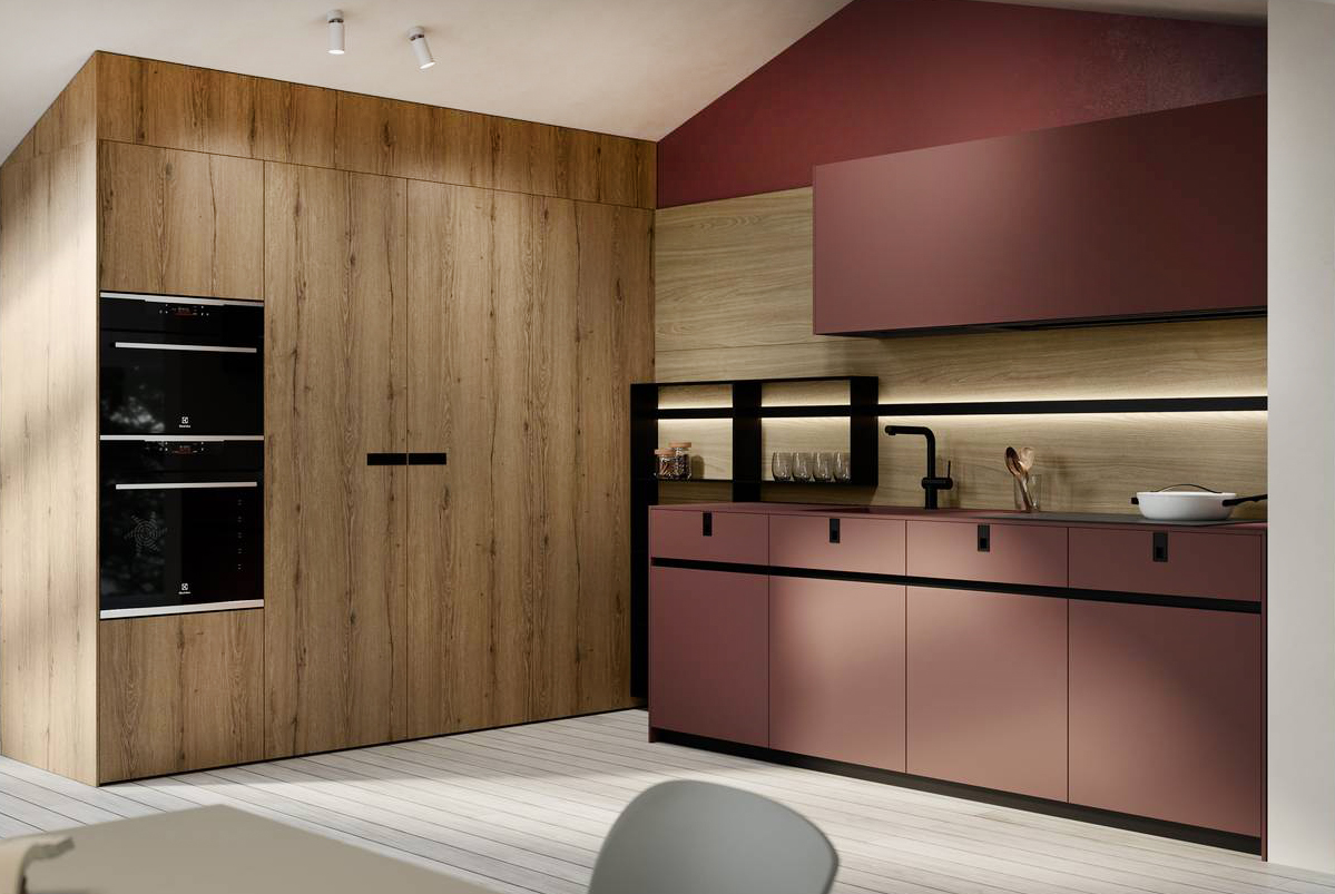 Organizzata e completa la cucina Kalì di Arredo3 che si sviluppa ad angolo e permette di arredare un monolocale in modo funzionale: il blocco colonne, in laminato rovere cuoio, funge da divisorio con la zona notte e si compone di due file di elementi, una al servizio della cucina l'altra della camera. Le basi e i pensili sono realizzati in PET riciclato Bali e hanno il top in stratificato HPL rosso Jaipur; è presente la barra luminosa sottopensile Sign in alluminio anodizzato nero che può essere accessoriata con vani a giorno. Prezzo su richiesta. https://www.arredo3.it Organizzata e completa la cucina Kalì di Arredo3 che si sviluppa ad angolo e permette di arredare un monolocale in modo funzionale: il blocco colonne, in laminato rovere cuoio, funge da divisorio con la zona notte e si compone di due file di elementi, una al servizio della cucina l'altra della camera. Le basi e i pensili sono realizzati in PET riciclato Bali e hanno il top in stratificato HPL rosso Jaipur; è presente la barra luminosa sottopensile Sign in alluminio anodizzato nero che può essere accessoriata con vani a giorno. Prezzo su richiesta. https://www.arredo3.it