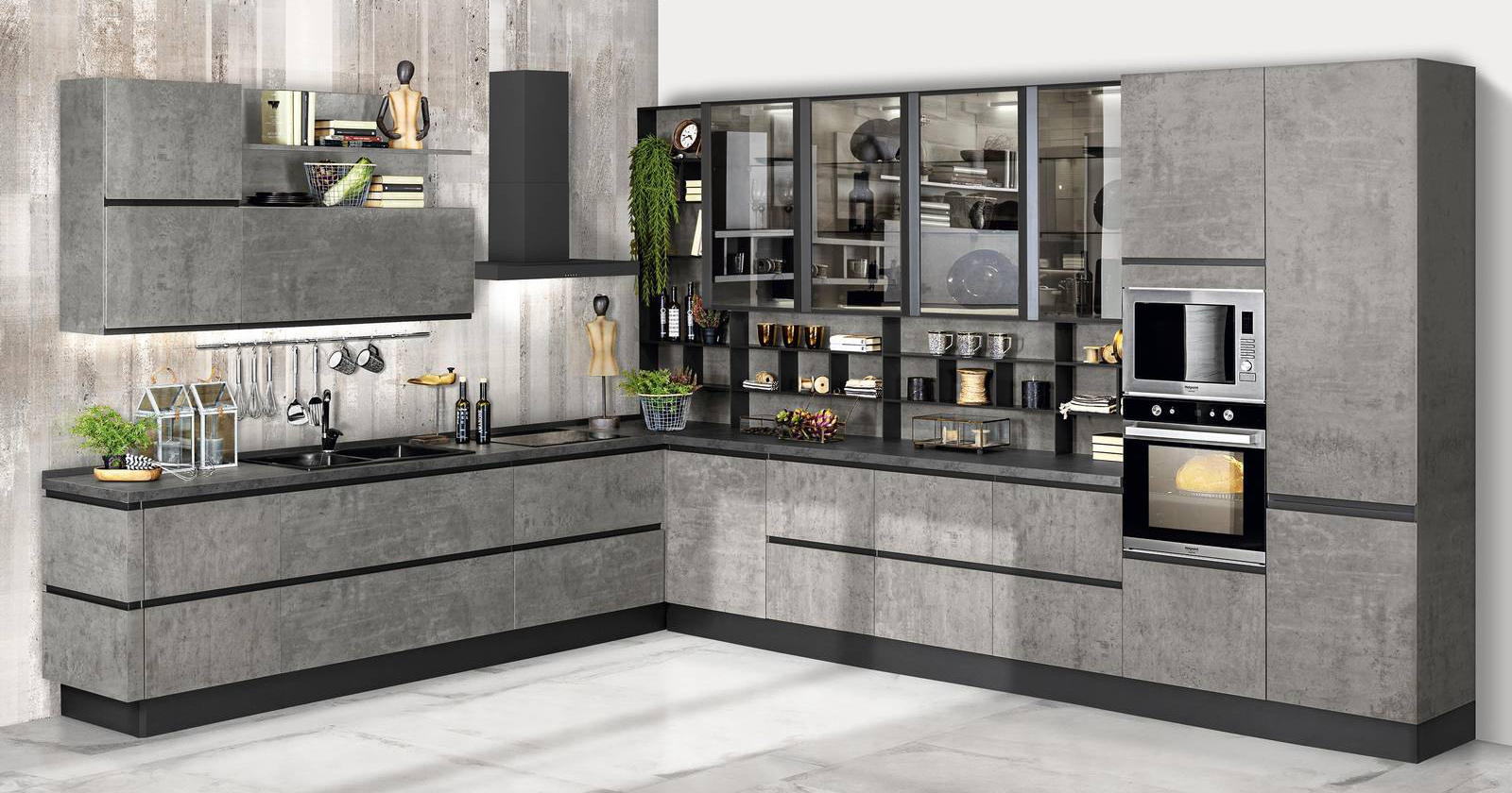 La cucina componibile Oasi di Mondo Convenienza “veste” l'angolo: le ante con maniglie a gola in Koncret grigio chiaro effetto cemento la rendono contemporanea. Il piano in Koncret lava e i dettagli neri ne sottolineano lo stile industrial. La composizione tipo misura L 255 x P 60 x H 215 cm, prezzo 1.180 euro (completa di elettrodomestici Perla). https://www.mondoconv.it La cucina componibile Oasi di Mondo Convenienza “veste” l'angolo: le ante con maniglie a gola in Koncret grigio chiaro effetto cemento la rendono contemporanea. Il piano in Koncret lava e i dettagli neri ne sottolineano lo stile industrial. La composizione tipo misura L 255 x P 60 x H 215 cm, prezzo 1.180 euro (completa di elettrodomestici Perla). https://www.mondoconv.it