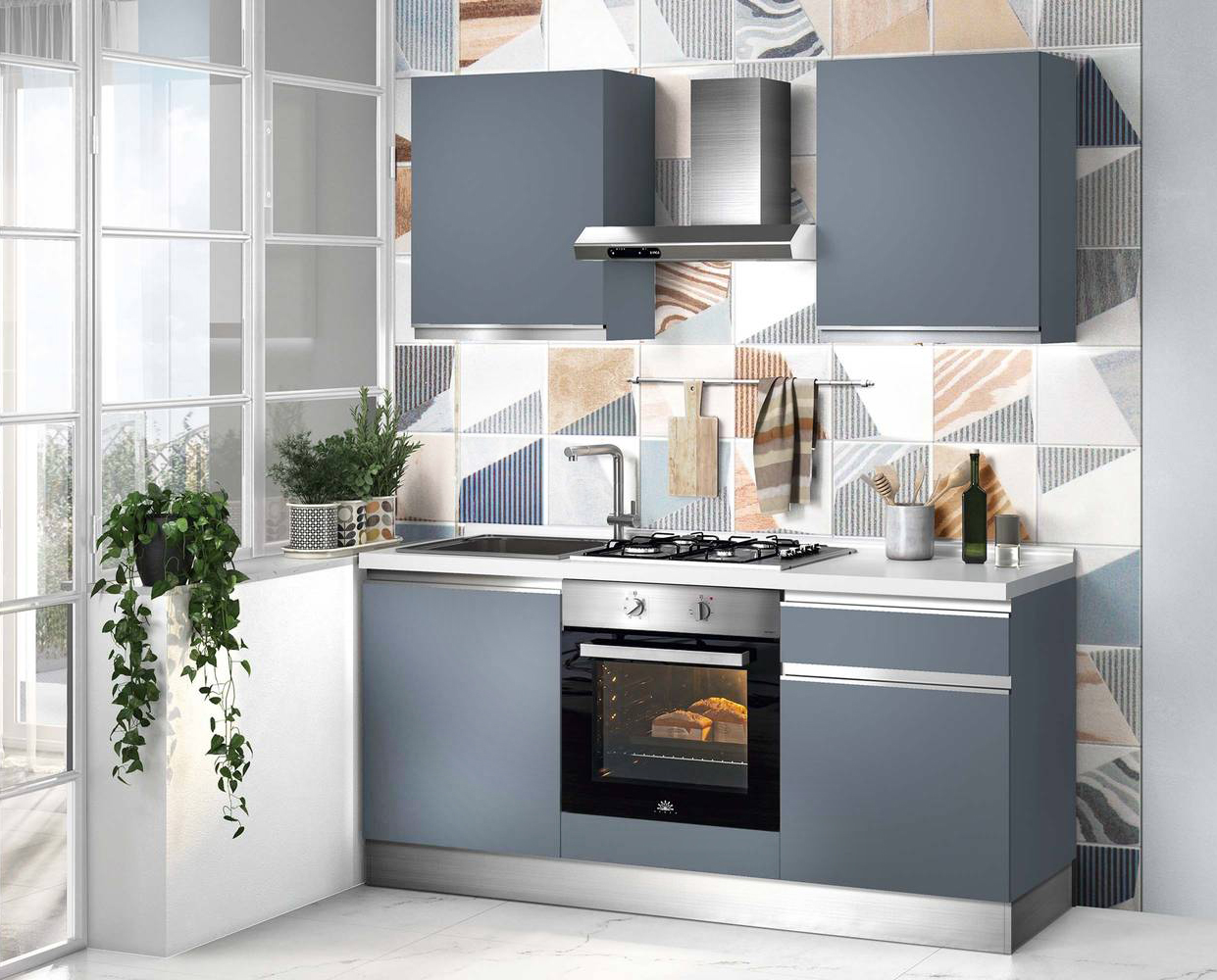Piccola e compatta la cucina Athena line di Mondo Convenienza che ha le ante lisce opache nella raffinata colorazione Blu acciaio messa in evidenza dal piano bianco. Le dimensioni contenute, e la colorazione fresca la rendono la soluzione ideale per la casa al mare. Misura L 180 x P 60 x H 216 cm. Prezzo 687 euro.  https://www.mondoconv.it