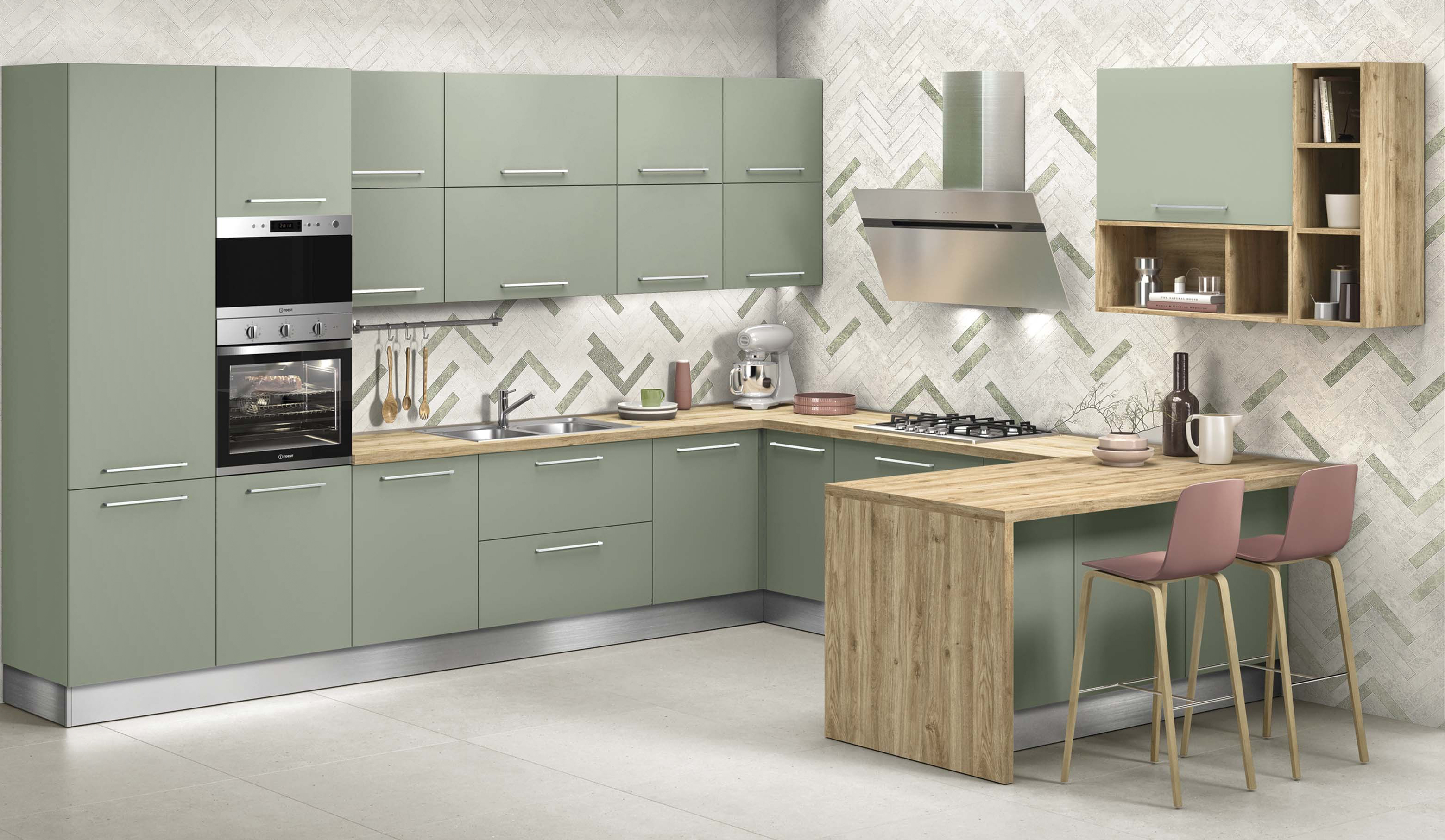 La cucina componibile Stella di Mondo Convenienza “veste” l'angolo e ha una penisola con bancone snack laterale nella finitura Rovere cadiz come i vani a giorno a parete. Le ante lisce verde chiaro sono dotate di maniglie orizzontali in metallo. La composizione tipo misura L 255 x P 60 x H 215 cm, prezzo 990 euro (completa di elettrodomestici).  https://www.mondoconv.it