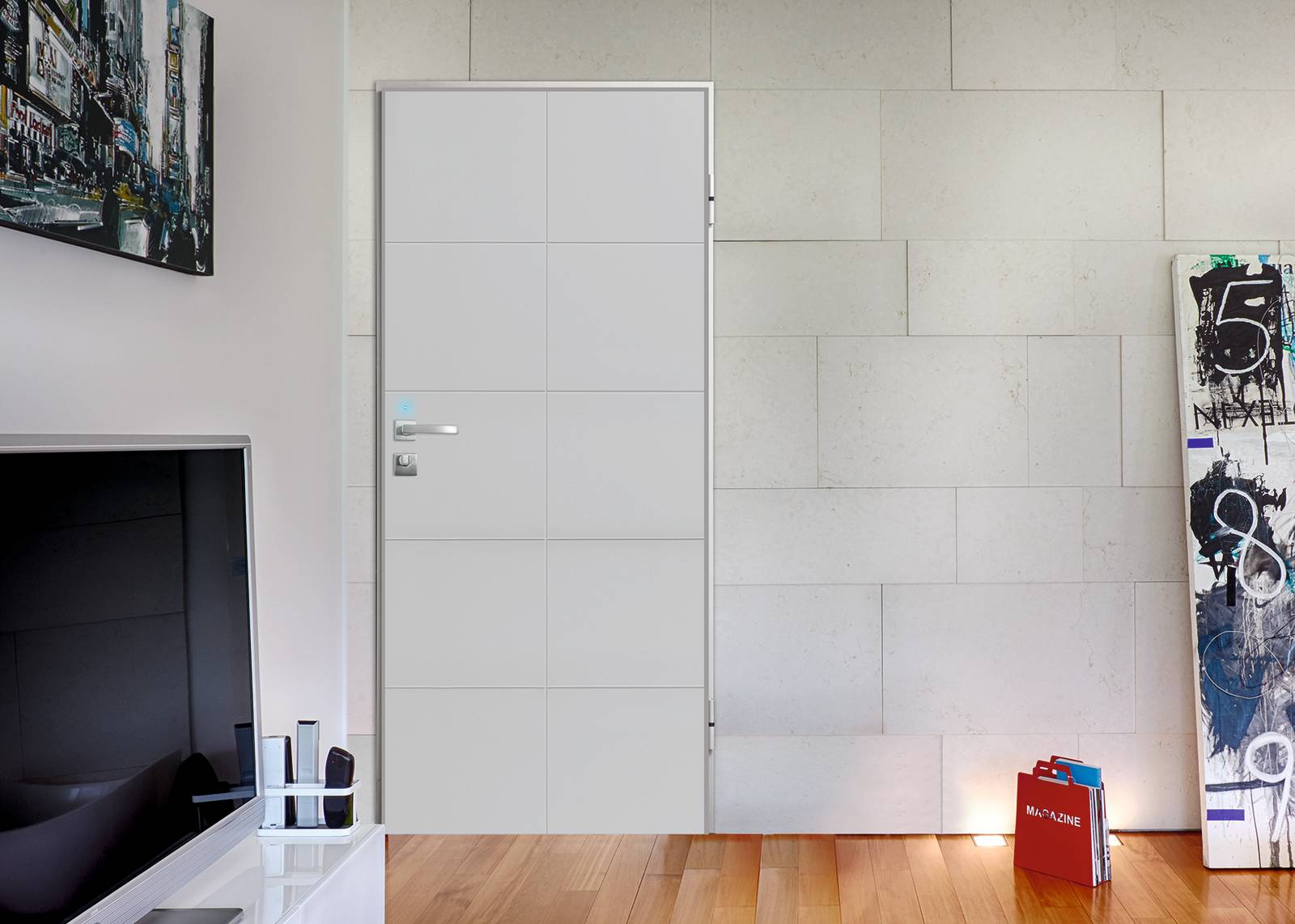 Porta blindata Next Elettra di Dierre, versione Sleek con rivestimento New Ceramic Line, modello Sophie colori neve e nero satin, con maniglia Dallas in cromo satinato.