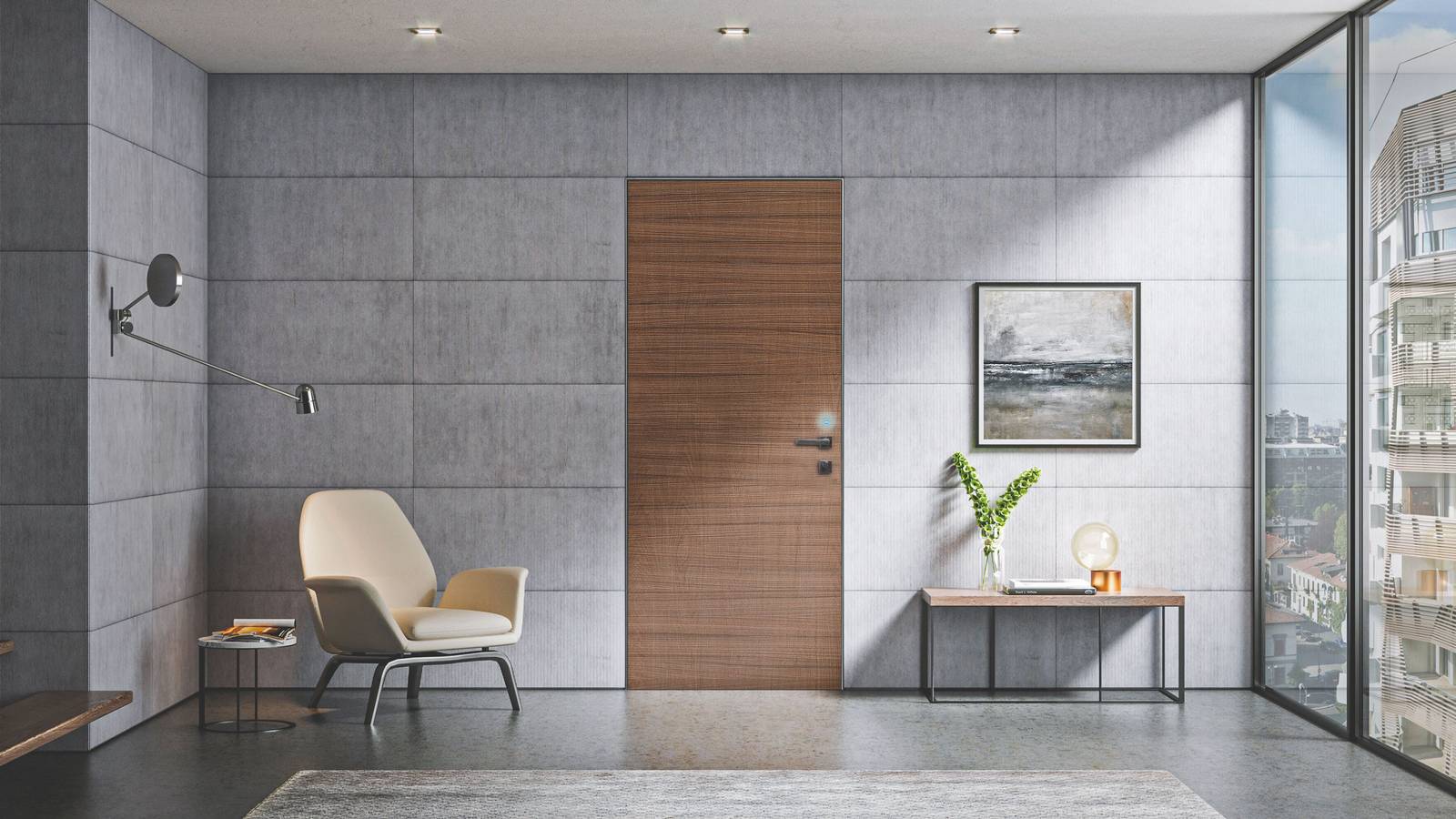 Porta blindata Next Elettra di Dierre, versione rasomuro Sleek con rivestimento Alter Noce Tabacco e maniglia Dallas grigio antracite.