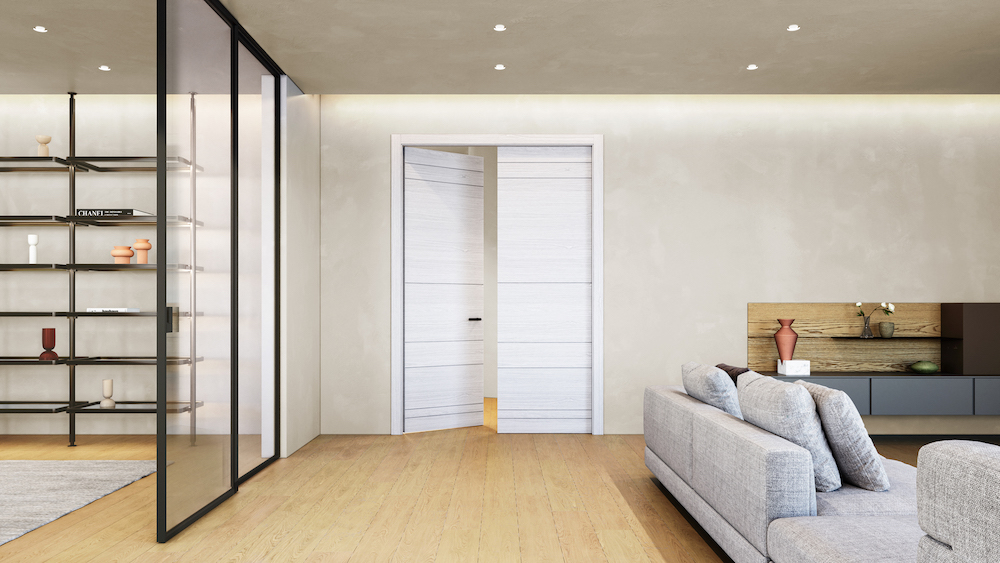 Porta Segni di Ferrerolegno nella versione a doppio battente qui proposta nella nuova finitura Ontario Platino con maniglia Pure nero. www.ferrerolegno.com