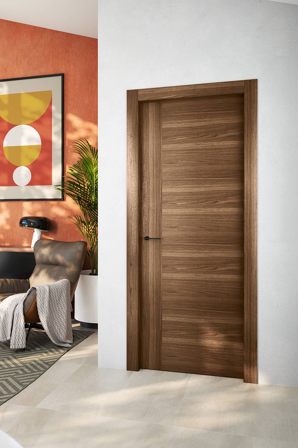 Porta Madera in Rovere Bruciato di Flessya con maniglia Nuda nera