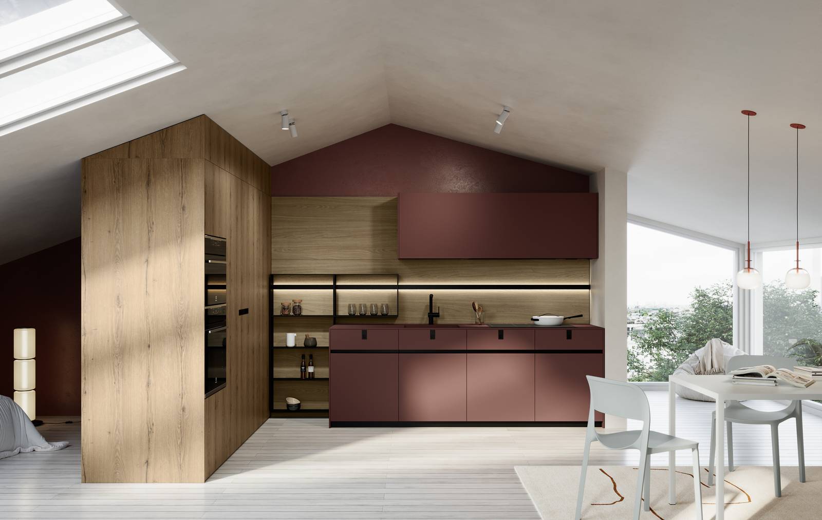 Cucina Kalì di Arredo3 con schienale attrezzato grazie ai vani a giorno appesi alla barra luminosa Sign. Cucina Kalì di Arredo3 con schienale attrezzato grazie ai vani a giorno appesi alla barra luminosa Sign.