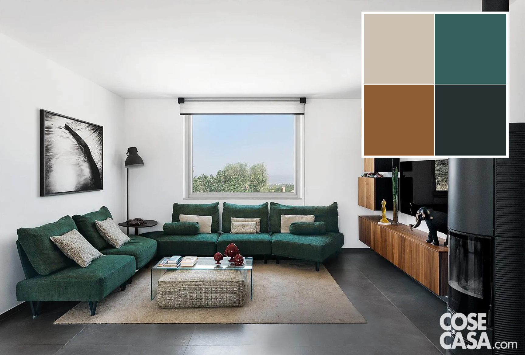 Questo living presenta una personalità spiccata e decisa per via dei materiali, delle texture e dei colori principali: il pavimento in gres porcellanato è grigio effetto cemento, la stufa è in ferro verniciato nero e i moduli del mobile hanno il lato anch'esso di colore nero, mentre il grande divano ad angolo è rivestito in tessuto verde. In questo insieme di verde, neri e grigi, il beige dei cuscini, del pouf centrale e del tappeto attenua il tutto, dando maggiore morbidezza all'ambiente, che ha un aspetto forte e sofisticato. Progetto arch. Paolo Pellegrini, via Vescovo De Luca 50, Polignano a Mare (Ba), Tel. 328/8926815 http://www.paolopellegriniarch.it - Foto Studio Roy Questo living presenta una personalità spiccata e decisa per via dei materiali, delle texture e dei colori principali: il pavimento in gres porcellanato è grigio effetto cemento, la stufa è in ferro verniciato nero e i moduli del mobile hanno il lato anch'esso di colore nero, mentre il grande divano ad angolo è rivestito in tessuto verde. In questo insieme di verde, neri e grigi, il beige dei cuscini, del pouf centrale e del tappeto attenua il tutto, dando maggiore morbidezza all'ambiente, che ha un aspetto forte e sofisticato. Progetto arch. Paolo Pellegrini, via Vescovo De Luca 50, Polignano a Mare (Ba), Tel. 328/8926815 http://www.paolopellegriniarch.it - Foto Studio Roy