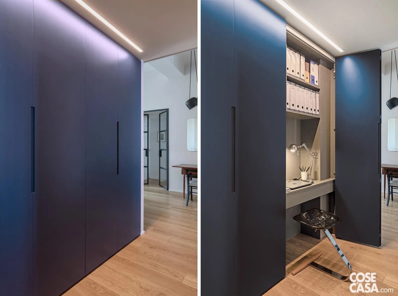 L'armadiatura su misura nell'ingresso, di Mdf laccato blu notte, ha più moduli destinati a guardaroba e a ripostiglio, di cui uno, profondo 50 centimetri, nasconde un angolo studio con scrivania e ripiani per documenti e libri. L'illuminazione è garantita da una striscia a led integrata a soffitto.
Progetto Studiocarta, arch. Mauro Carta, Silvia Faravelli, Samuele Nicolaci, Andrea Villa, Milano, Tel. 02/38239040 http://www.maurocarta.com - Foto Claudio Tajoli - Styling Rosaria Sofia Galli L'armadiatura su misura nell'ingresso, di Mdf laccato blu notte, ha più moduli destinati a guardaroba e a ripostiglio, di cui uno, profondo 50 centimetri, nasconde un angolo studio con scrivania e ripiani per documenti e libri. L'illuminazione è garantita da una striscia a led integrata a soffitto.
Progetto Studiocarta, arch. Mauro Carta, Silvia Faravelli, Samuele Nicolaci, Andrea Villa, Milano, Tel. 02/38239040 http://www.maurocarta.com - Foto Claudio Tajoli - Styling Rosaria Sofia Galli