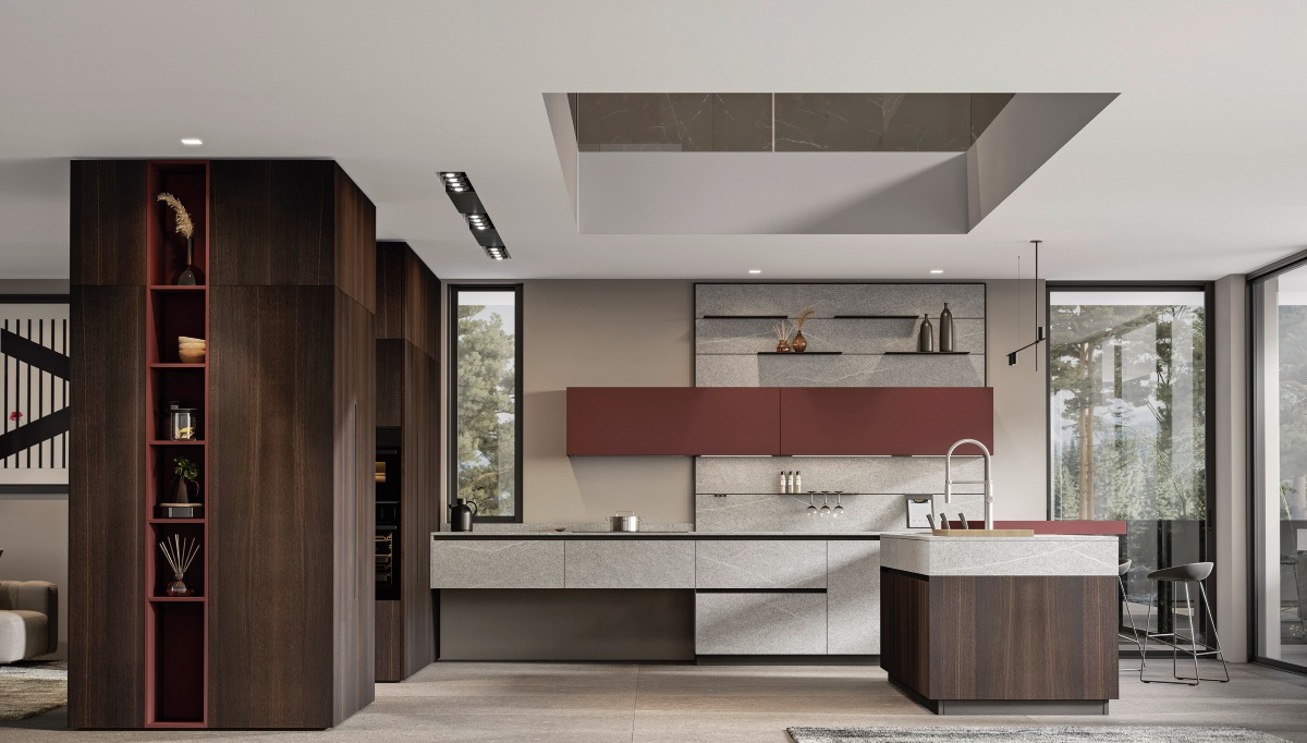 Per Arrex le finiture legno più vendute e richieste sono i colori naturali oppure finiture legni scuri come l’Eucalipto, sfruttato ad esempio per la collezione Loft 2.2, caratterizzata da geometrie precise e materiali ispirati alla natura. Ergonomia e funzionalità coesistono in un equilibrio di espressività e rigore con la concretezza della pietra, il calore del legno e i toni naturali della terra. Basi isola e colonne sono nella finitura Eucaliptp Carbon, mentre piano lavoro e alzatina sono in laminato HPL bordo unicolor Pietra Piasentina. Il piano snack, infine, è in HPL stratificato Fenix Rosso Jaipur. www.arrex.it Per Arrex le finiture legno più vendute e richieste sono i colori naturali oppure finiture legni scuri come l’Eucalipto, sfruttato ad esempio per la collezione Loft 2.2, caratterizzata da geometrie precise e materiali ispirati alla natura. Ergonomia e funzionalità coesistono in un equilibrio di espressività e rigore con la concretezza della pietra, il calore del legno e i toni naturali della terra. Basi isola e colonne sono nella finitura Eucaliptp Carbon, mentre piano lavoro e alzatina sono in laminato HPL bordo unicolor Pietra Piasentina. Il piano snack, infine, è in HPL stratificato Fenix Rosso Jaipur. www.arrex.it