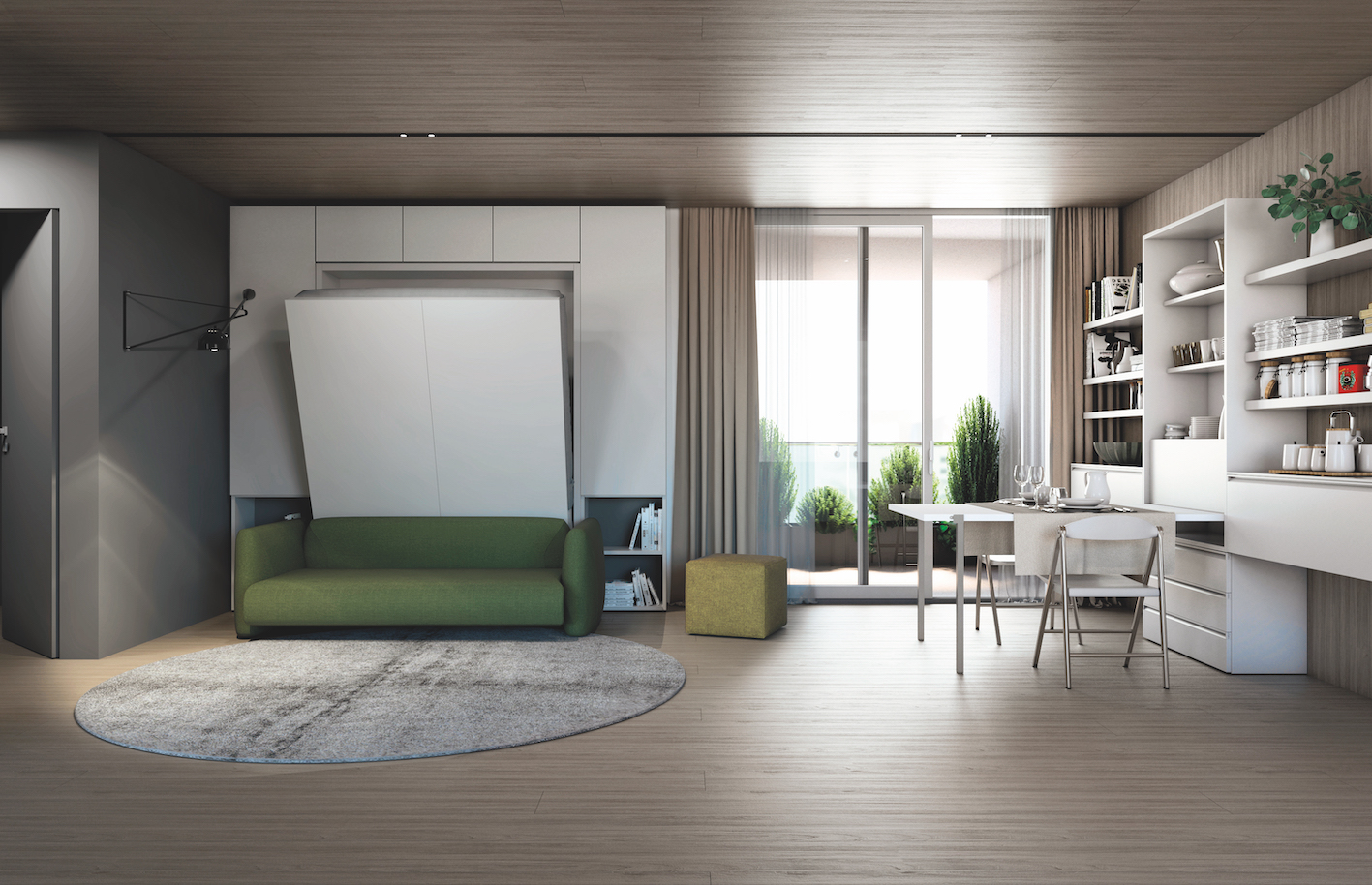 Il divano Minerva di Clei con sistema trasformabile in letto matrimoniale in composizione Making Room è in fase di apertura.