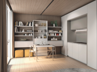 Il tavolo con apertura a ribalta Wally Maxi aperto, inserito nella composizione Making Room di Clei. Il tavolo con apertura a ribalta Wally Maxi aperto, inserito nella composizione Making Room di Clei.