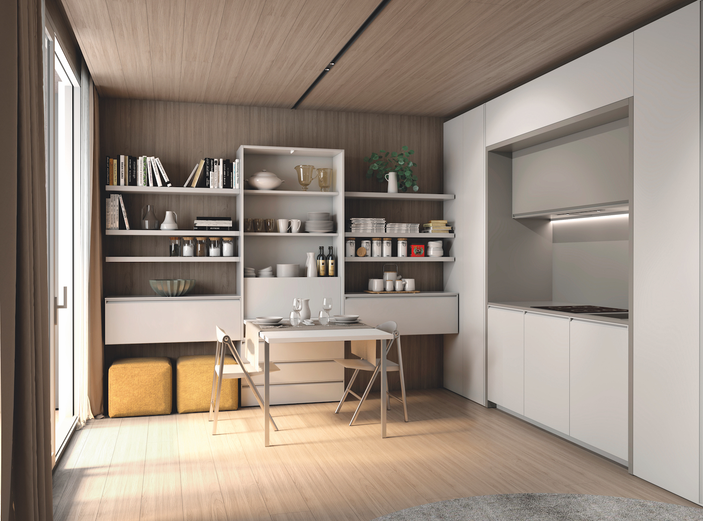 Il tavolo con apertura a ribalta Wally Maxi aperto, inserito nella composizione Making Room di Clei.