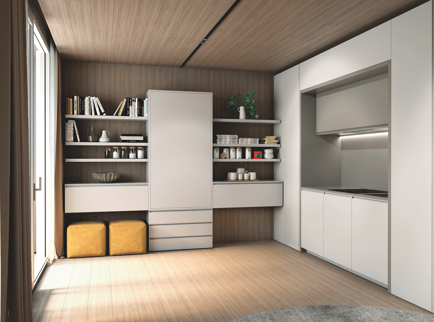 Composizione Making Room di Clei con Wally Maxi tavolo con apertura a ribalta e blocco cucina a parete con elemento portale.