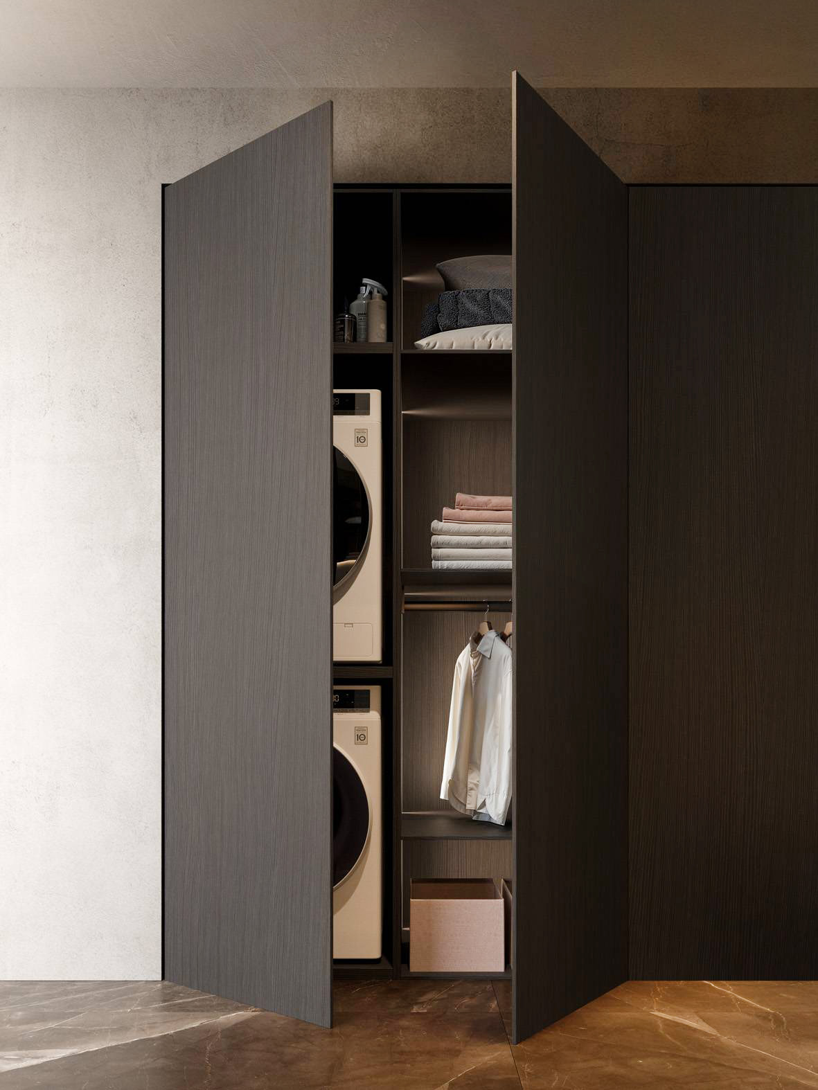 Almaza Space di Karol Italia è una boiserie per il bagno con profondità ridotta che si accompagna a delle colonne ad incasso dedicate alla lavanderia e al ripostiglio. Una sorta di cabina armadio con moduli contenitori chiusi che offrono spazio da dedicare ad un’organizzazione efficiente della parte laundry e guardaroba. Tutto su misura, prezzo da rivenditore. www.ronalbathrooms.com