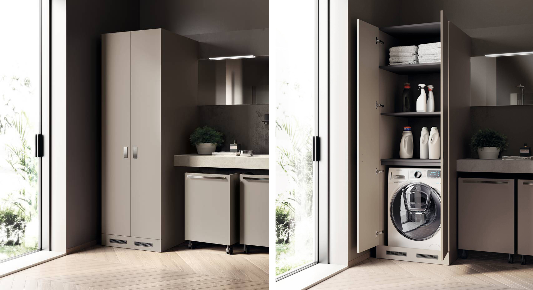 Laundry Space di Scavolini è il sistema completo e funzionale per creare una lavanderia attrezzata, ordinata e organizzata con un’ampia gamma di soluzioni come piani di appoggio, stendino, asse da stiro, carrelli estraibili e armadi. Nell’immagine la collezione Aquo integrata con gli elementi lavanderia del progetto Laundry Space, si compone di armadio con ante in Decorativo Grigio Selce, piano in laminato Azimut sp.10 cm con lavabo Flow in appoggio e cestoni con ruote Trolley in Decorativo Grigio Selce, la colonna porta lavatrice con ante in Decorativo Grigio Selce, soluzione che permette di gestire con razionalità spazi e materiali. Misura il piano L 200 x P 52 x H 10 cm e la colonna porta lavatrice L 70 x P 75 x H 212 cm. Prezzo su richiesta. www.scavolini.com