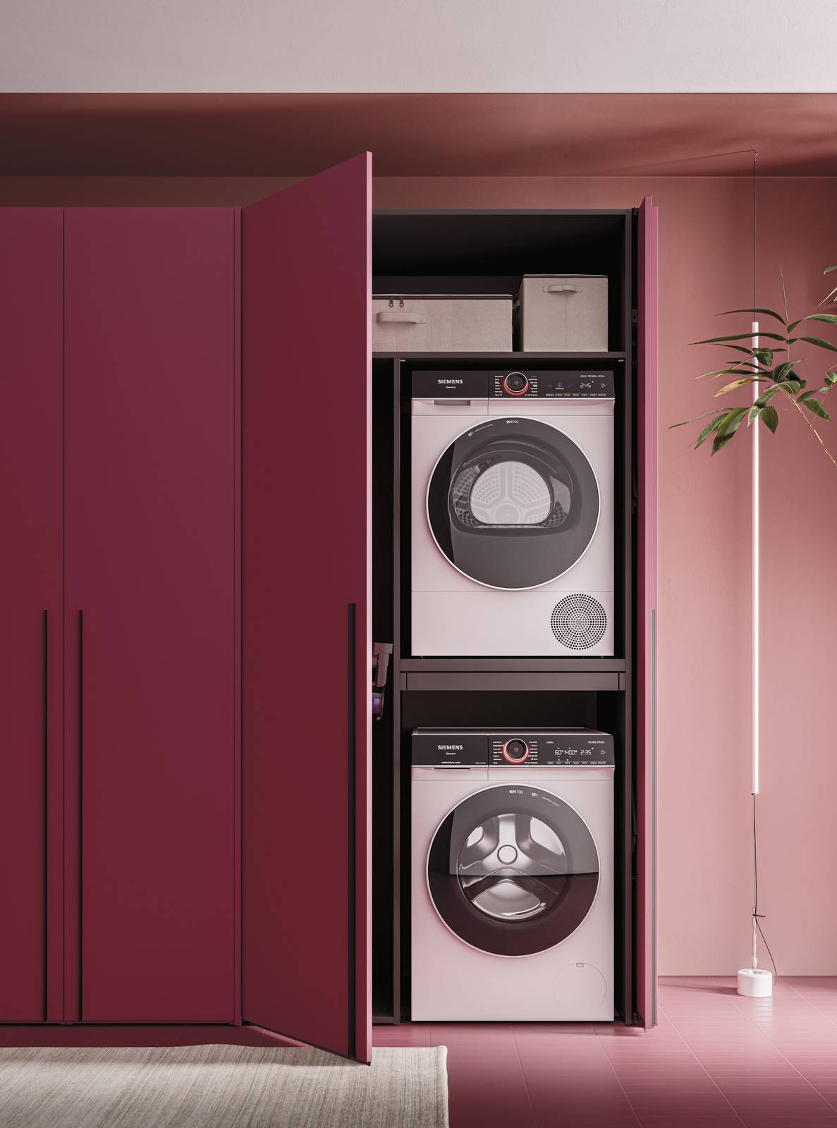 Bolle di Arbi è il programma nato per la creazione di una lavanderia efficiente che si distingue per l’attenzione ai dettagli e l’ottimizzazione degli spazi sfruttando ogni centimetro disponibile con soluzioni su misura. Bolle offre un’elevata modularità che si esprime attraverso diverse profondità e una vasta scelta di lavabi ed accessori aggiuntivi per corrispondere alle diverse esigenze, spiccano le colonne H 240 cm con molteplici configurazioni, strutture a giorno per lavatrice e asciugatrice, appendiabiti, ripiani, posti per carrelli, scarpiere e soluzioni attrezzate per ripostigli. Disponibile in una vasta gamma di finiture, 56 le varianti colore tra cui 52 laccati opaco e velvet e 4 metal, la naturalezza del legno, 12 opzioni in melaminico e 4 varianti di melaminico colore. In foto dettaglio del sistema colonne con ante rientranti proposto nella composizione Bolle c. 01 di in laccato Sangria opaco, I vani sono separati da un comodo ripiano estraibile, utile per appoggiare la bacinella nelle fasi di carico e scarico, misura L 123,6 x H 240 x P 67,5 cm, prezzo a progetto. www.arbiarredobagno.it