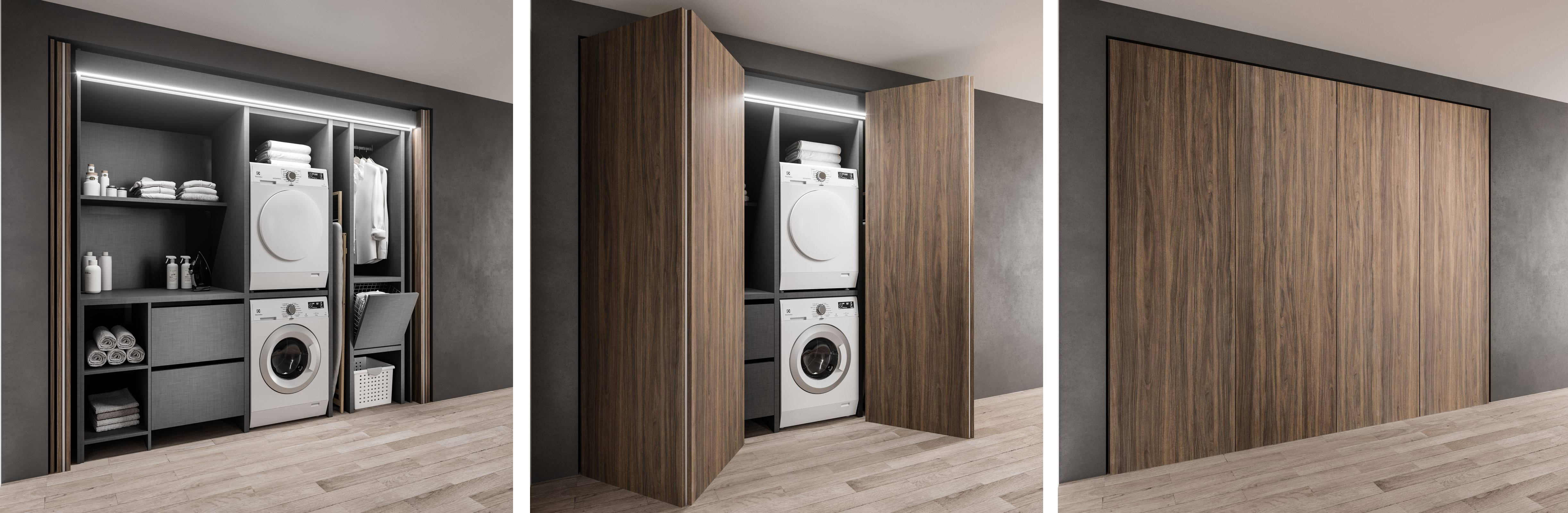 Phantastic The Laundry è la configurazione lavanderia nascosta di Aran Cucine, negli spazi sia piccoli che grandi dove si voglia celare con discrezione e design lo spazio lavanderia è una soluzione ideale. Le ante delle colonne in finitura Noce Caracalla celano moduli, mensole e vani in Alcene Antracite configurabili a seconda delle necessità, così da poter progettare soluzioni ad hoc per le proprie esigenze ottimizzando al massimo lo spazio disponibile. E’ inoltre possibile scegliere la dimensione delle colonne che possono essere singole ad un anta o doppie oppure con tre o quattro ante, il prezzo è a progetto. www.arancucine.it