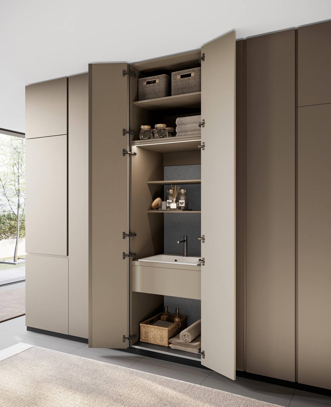 Idrobox di Birex è il mobile lavanderia attrezzato nato per lasciare all’esterno un ordine perfettamente funzionale e un’estetica pulita, all’interno propone innumerevoli attrezzature ed offre una vasta componibilità. In foto una colonna speciale con ante battenti dotate di apertura a 180° che nascondono un lavatoio in laccato opaco canapa, misura L 75 x P 70 x H 255 cm. prezzo 2.100 euro www.birex.it