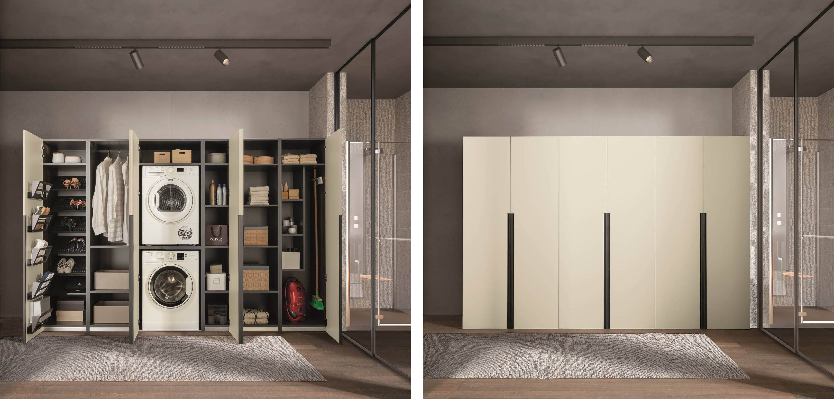 La composizione di colonne accessoriate per la lavanderia di Archeda è modello Side e comprende una colonna composta con vano porta lavatrice e asciugatrice ed elemento a ripiani, una colonna porta scarpe con ripiani inclinati e tasche su anta, una colonna con tubo appendi abiti e infine una colonna con elemento a ripiani e vano porta scope adatto anche ad aspirapolvere, scope elettriche o semplicemente all’asse da stiro. In foto è presentata nella finitura con ante laccate Juta opaco e maniglie Titanio misura L 300 x P 65 x H 200 cm. prezzo 6.259 + Iva. www.archeda.eu