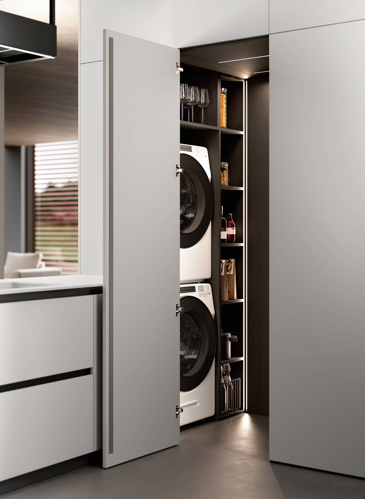 Fa parte del sistema Origina di Febal Casa la soluzione lavanderia della Collezione Cucina, che crea un nuovo volume all’interno dello stesso ambiente tramite l’impiego della cabina, un ambiente attiguo ma distinto dalla cucina a cui è annessa. Le misure delle cabine possono variare in base alla configurazione, nella foto il dettaglio della colonna a parete è realizzato con Anta Square Fenix in finitura Grigio Efeso, misura L 312 x H 266 cm. prezzo su richiesta. www.febalcasa.com