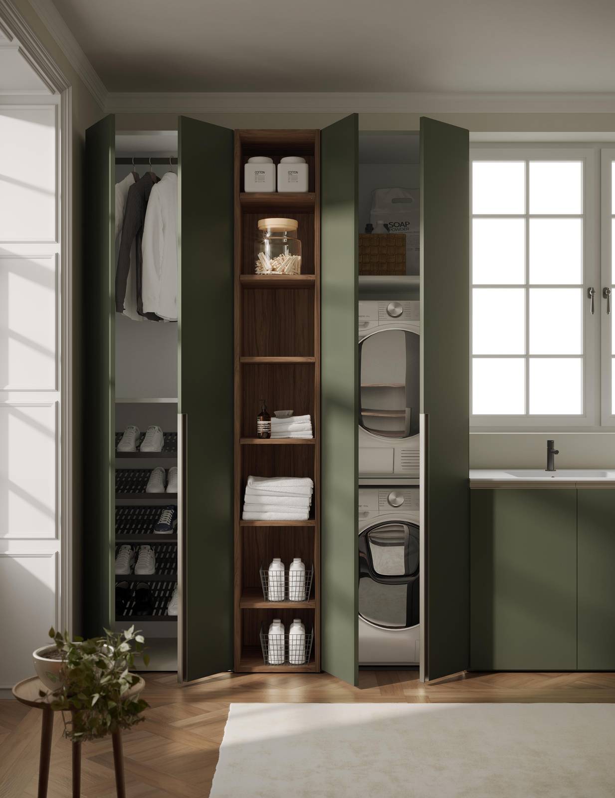 Passepartout è un sistema modulare creato da Artesi creato per riorganizzare gli ambienti di servizio come lavanderie e ripostigli con ordine e precisione per renderli funzionali ed efficienti. La collezione si compone di basi, elementi a giorno, armadiature, attrezzature, maniglie, lavatoi e top integrati. Tanti moduli e accessori proposti in diverse dimensioni e finiture, che permettono di creare configurazioni su misura che si integrano perfettamente in ambienti bagno, lavanderie, ingressi, corridoi, camere da letto e aree multifunzione. In foto il modulo porta lavatrice e asciugatrice in finitura Roccia Opaco, misura L 70 x P 65 x H 235,5 cm. Prezzo a partire da 1.506 euro + Iva. www.artesigroup.it