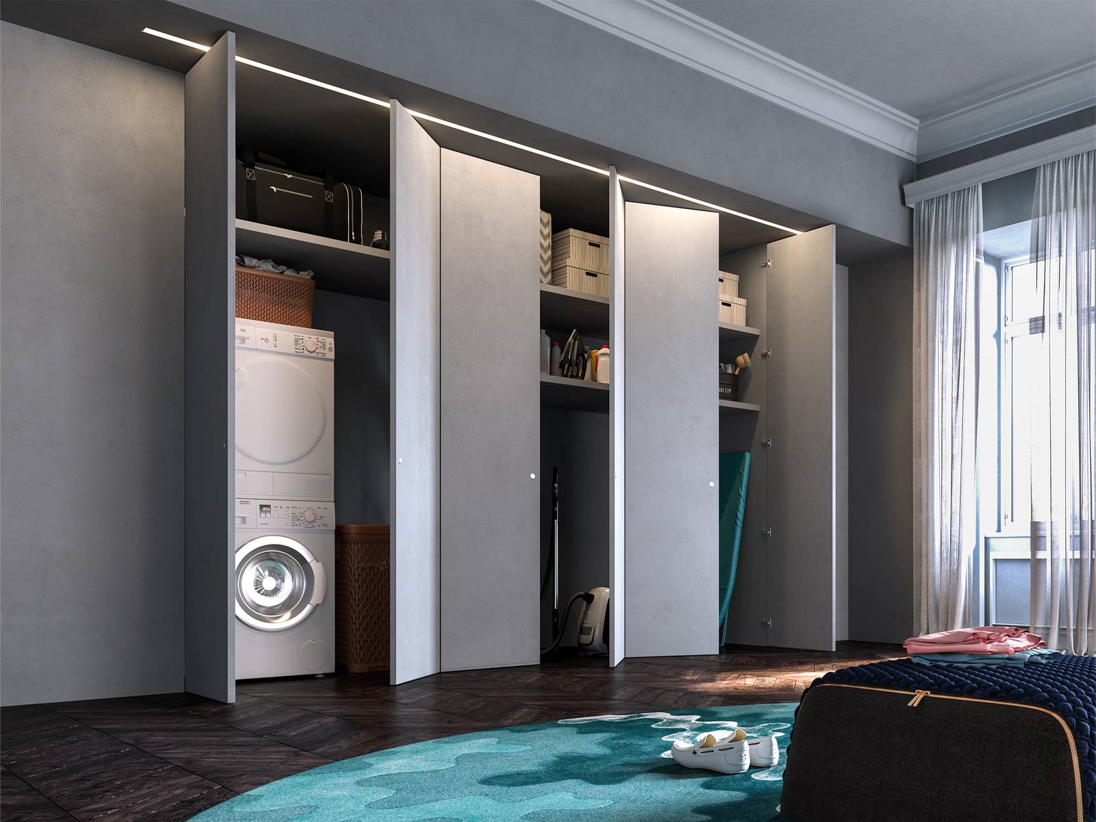 Syntesis® Areo di Eclisse è il nuovo prodotto pensato per chiudere e nascondere cabine armadio, ripostigli e lavanderie con una soluzione di design ad effetto filo muro totale, offrendo la massima flessibilità grazie alle numerose configurazioni, aperture e dimensioni, anche su misura. Gli sportelli filo muro garantiscono una perfetta continuità tra anta e parete e sono pensati per un pratico uso quotidiano attraverso comode aperture push-pull completamente invisibili. Il pannello dell’anta viene fornito con un rivestimento in melaminico, pronto per essere pitturato e rifinito come la parete oppure ricoperto con carta da parati. In foto telaio versione modulare telaio e porte 8 ante su tre lati comprensivo di maniglia misura L 500 x H 270 cm. Prezzo 4.100 euro + Iva. www.eclisse.it